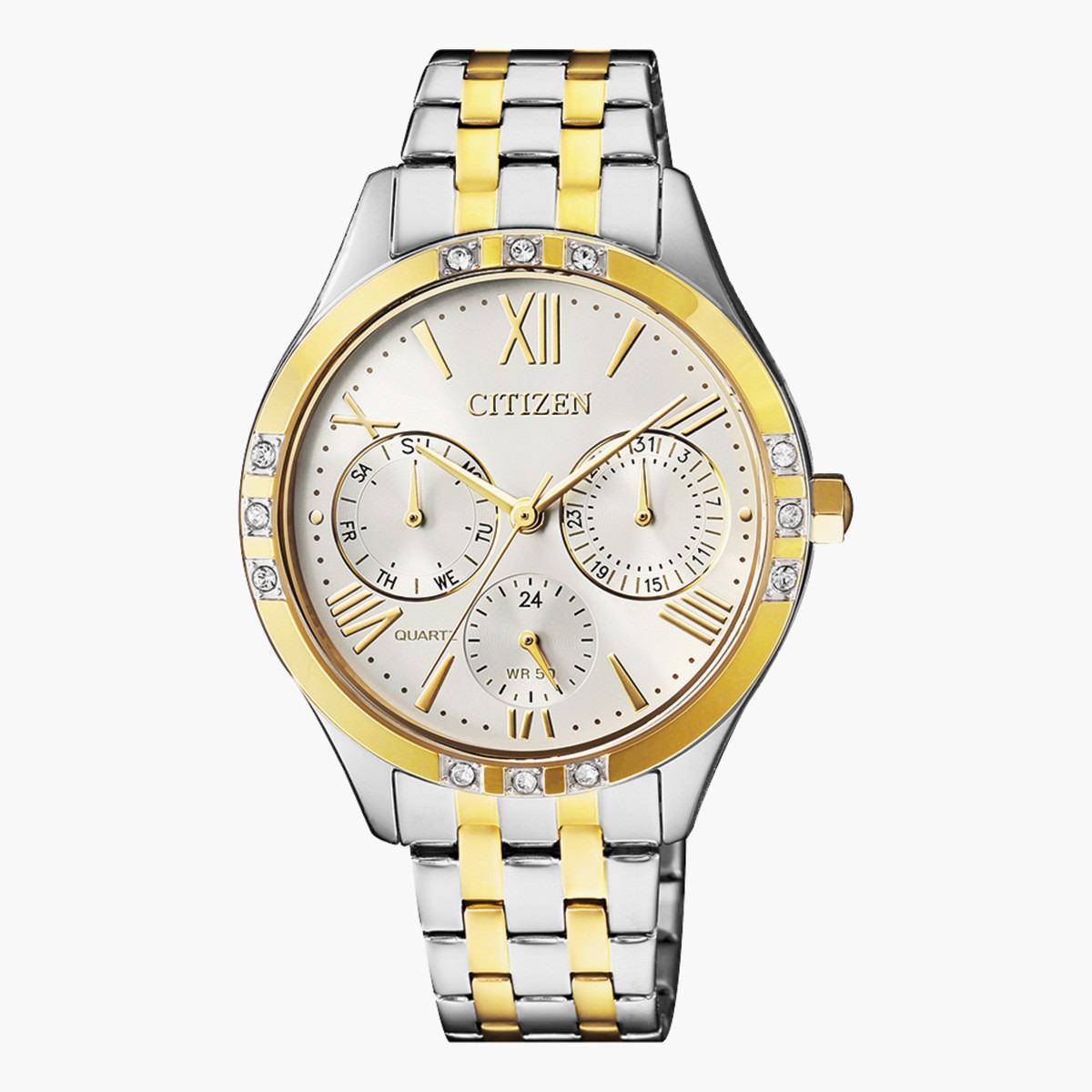 ساعة يد تناظرية بلون ذهبي وفضي بسوار معدني للنساء من سيتيزن- ED 8174 55A-women-watchesandjewellery-watches-image-1