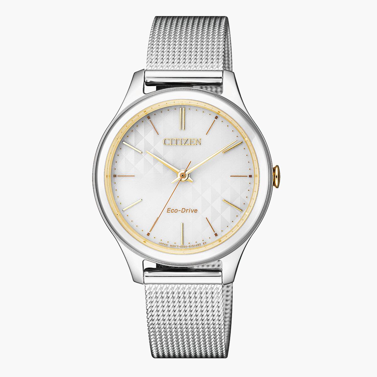 ساعة تناظرية فضيّة إيكو درايف بحزام معدني للنساء من سيتيزن - EM0504 81A-women-watchesandjewellery-watches-image-1
