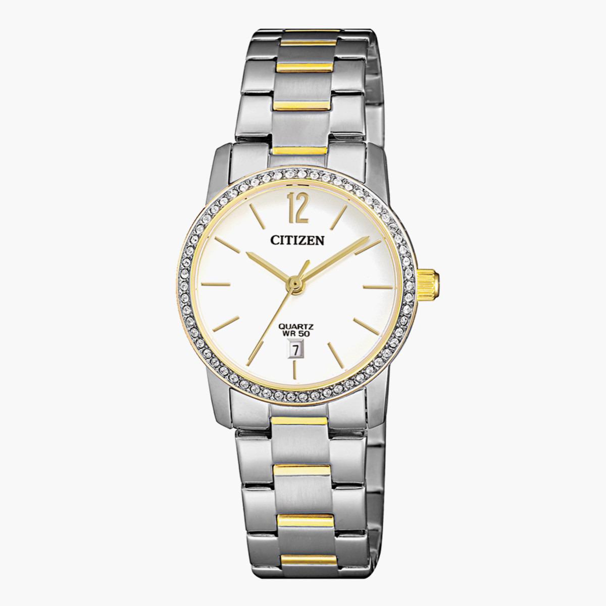 ساعة يد تناظرية بلون ذهبي وفضي بسوار معدني للنساء من سيتيزن-EU 6038 89A-women-watchesandjewellery-watches-image-1