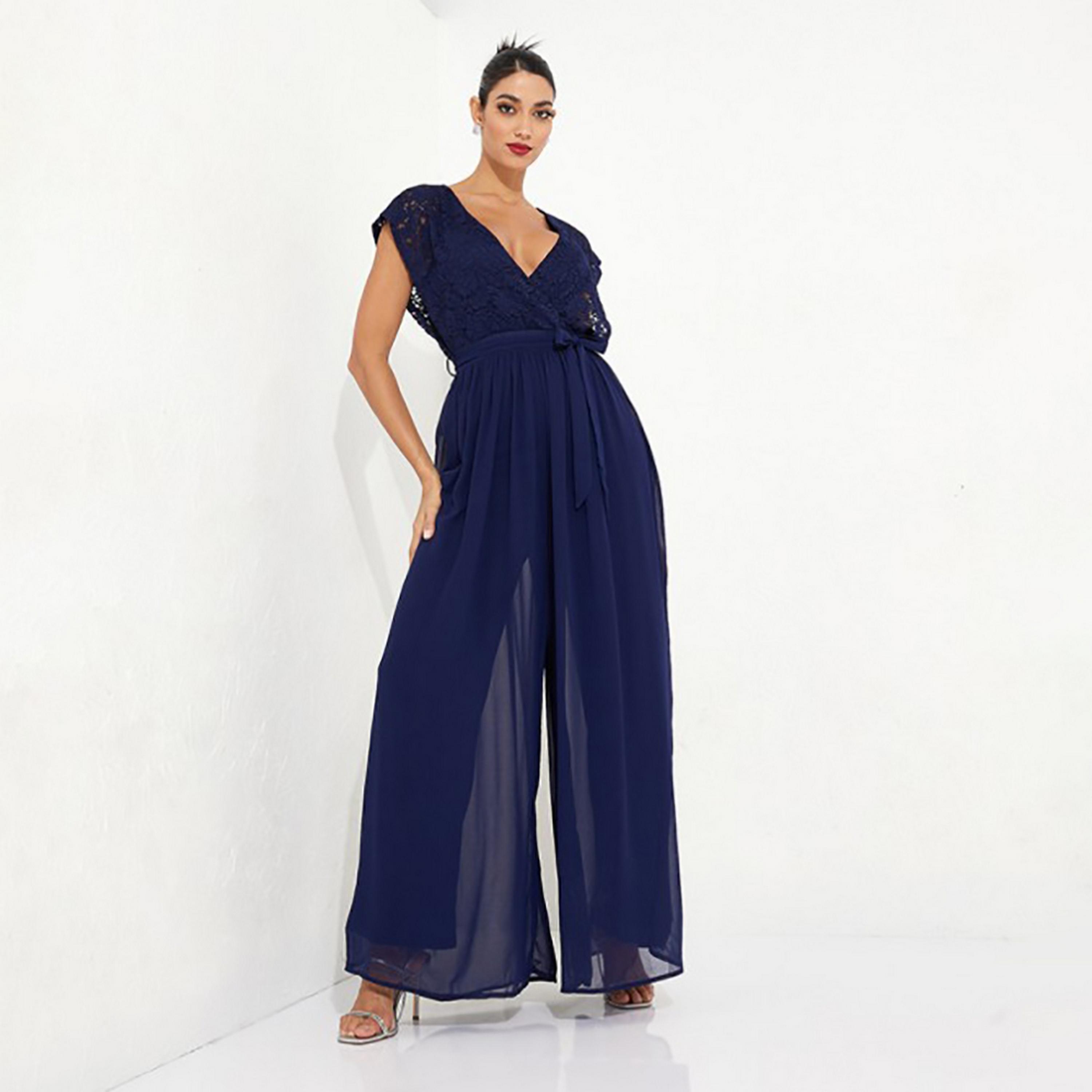 Little Mistress Blue Lace Plunge Neck Cap Sleeves Women's Jumpsuit-women-clothing-jumpsuits-image-1