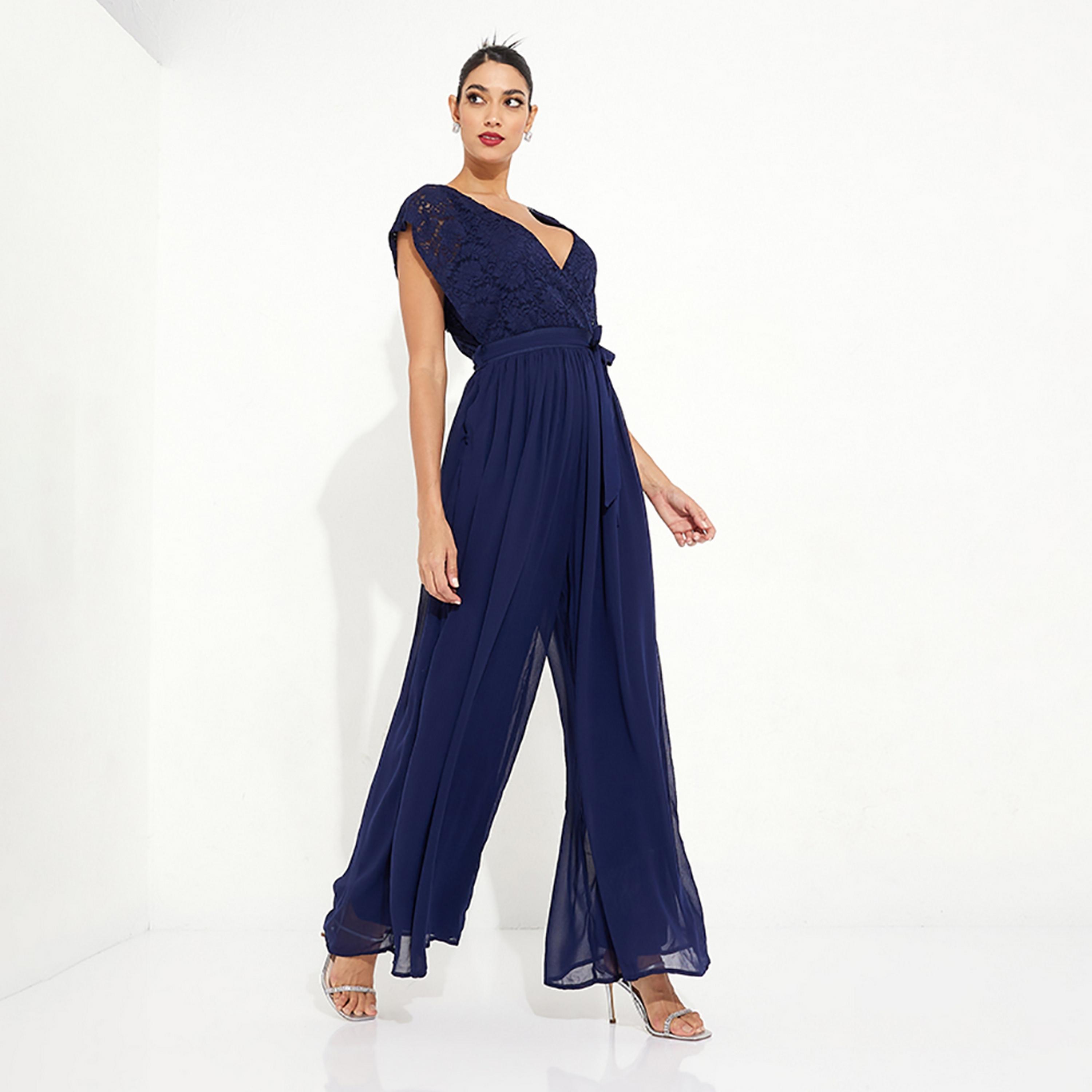 Little Mistress Blue Lace Plunge Neck Cap Sleeves Women's Jumpsuit-women-clothing-jumpsuits-image-3