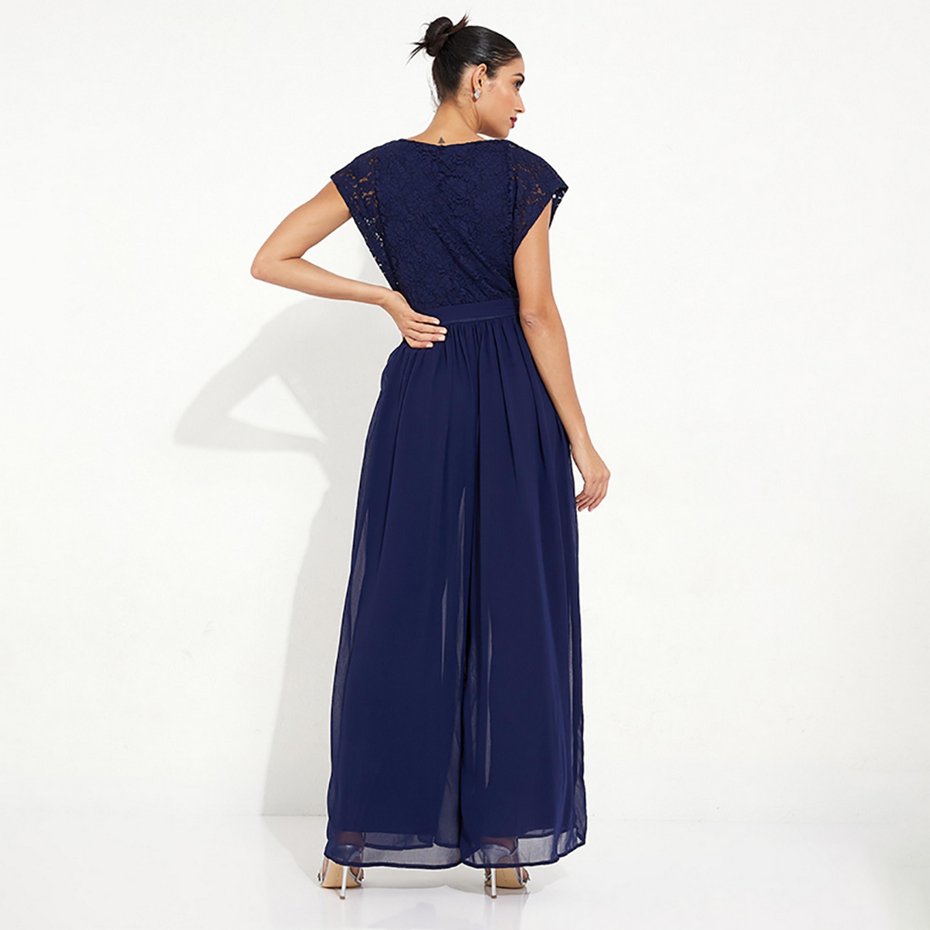 Little Mistress Blue Lace Plunge Neck Cap Sleeves Women's Jumpsuit-women-clothing-jumpsuits-image-4