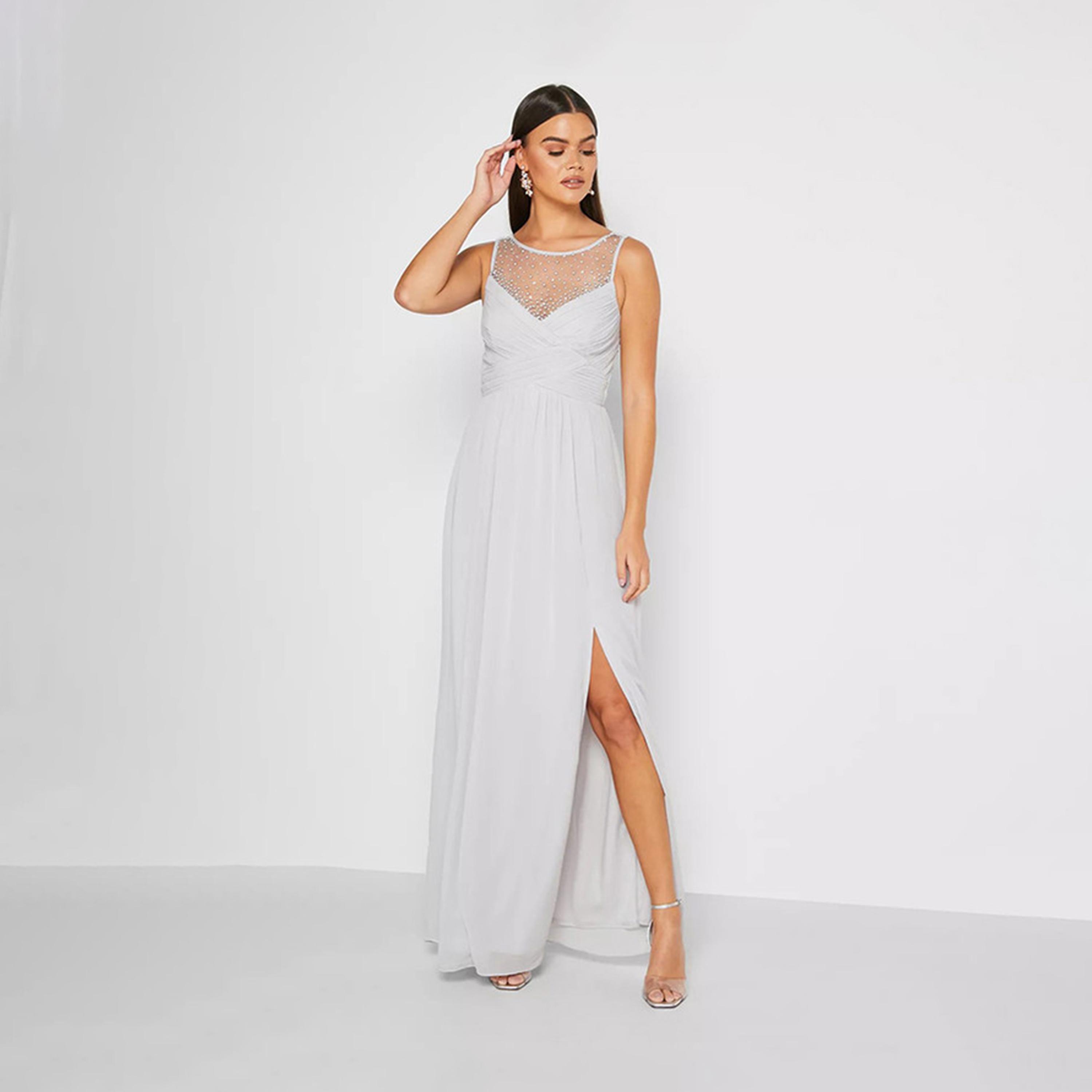 Little Mistress Blue Pearl Detail Slit Evening Dress-women-clothing-dresses-image-1