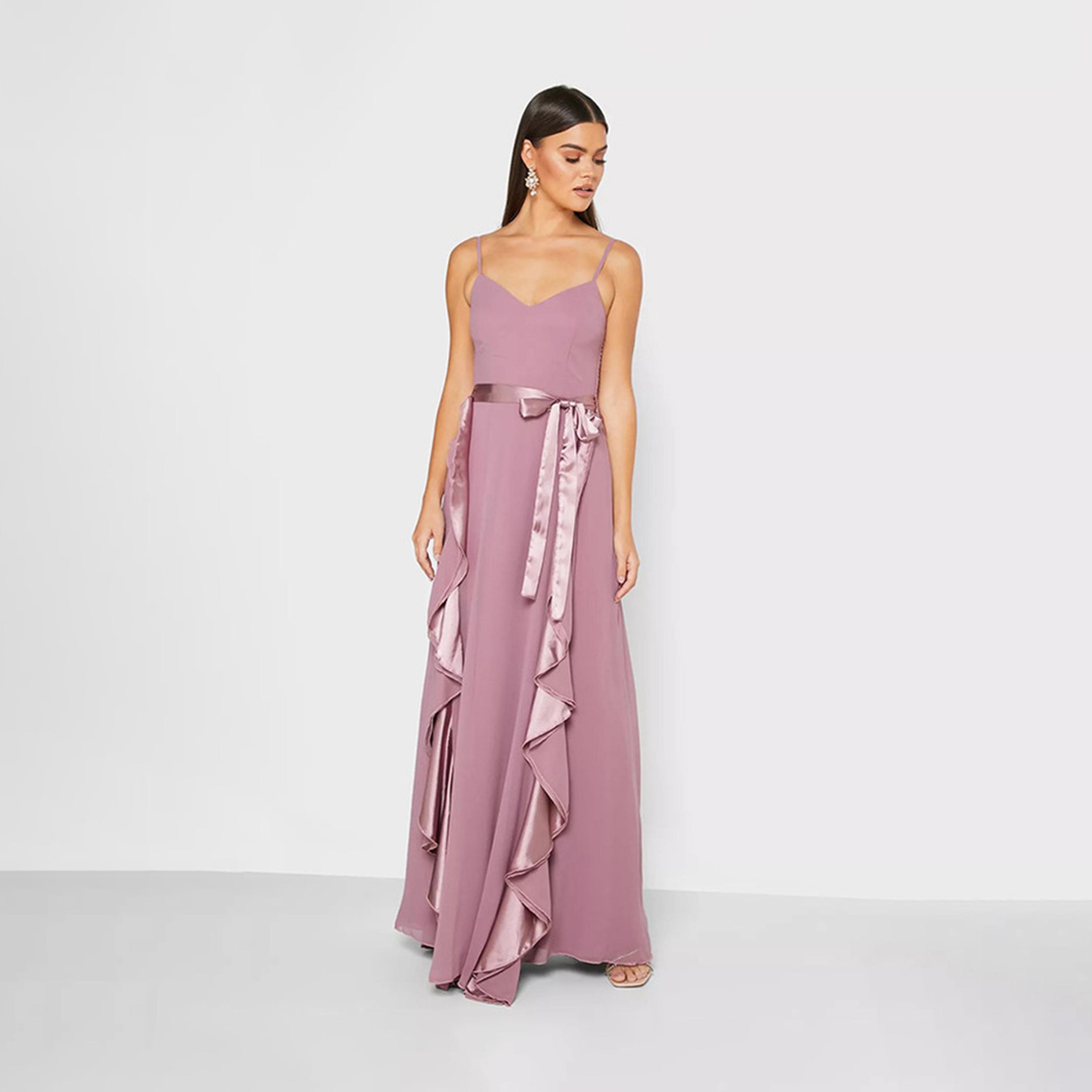 فستان ماكسي بحمالات كتف وكشكشة باللون الوردي من ليتل ميستريس -women-clothing-dresses-image-1