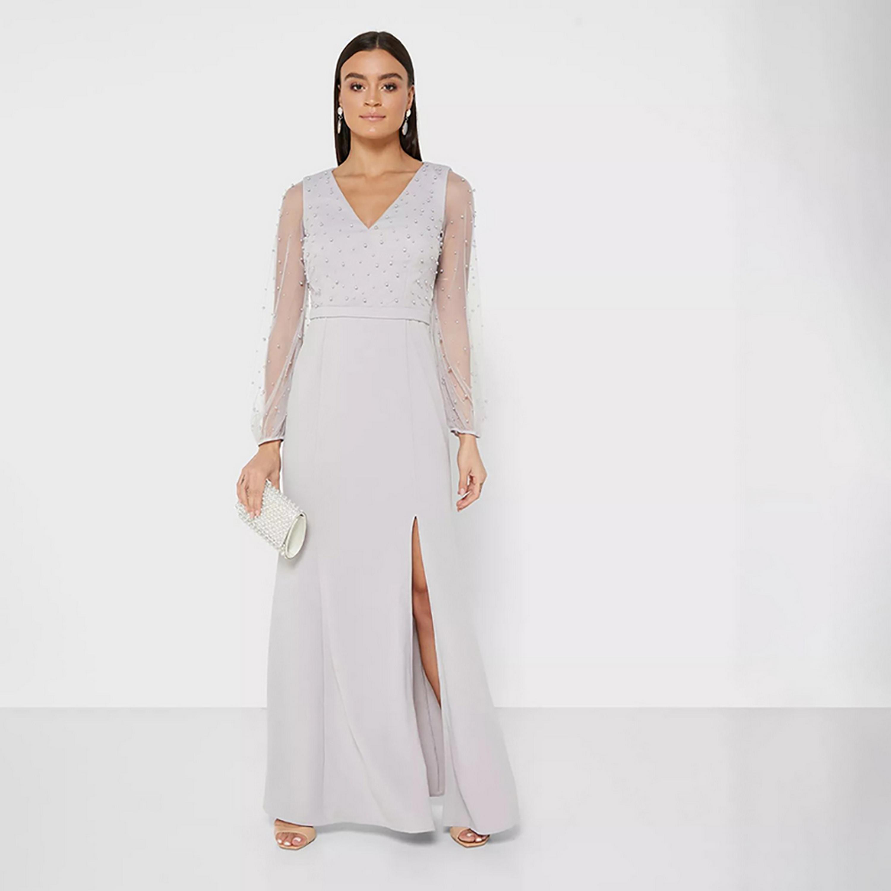 Little Mistress Grey Pearl Embellished Plunge Neck Fit and Flared Maxi Women's Dress-women-clothing-dresses-image-1