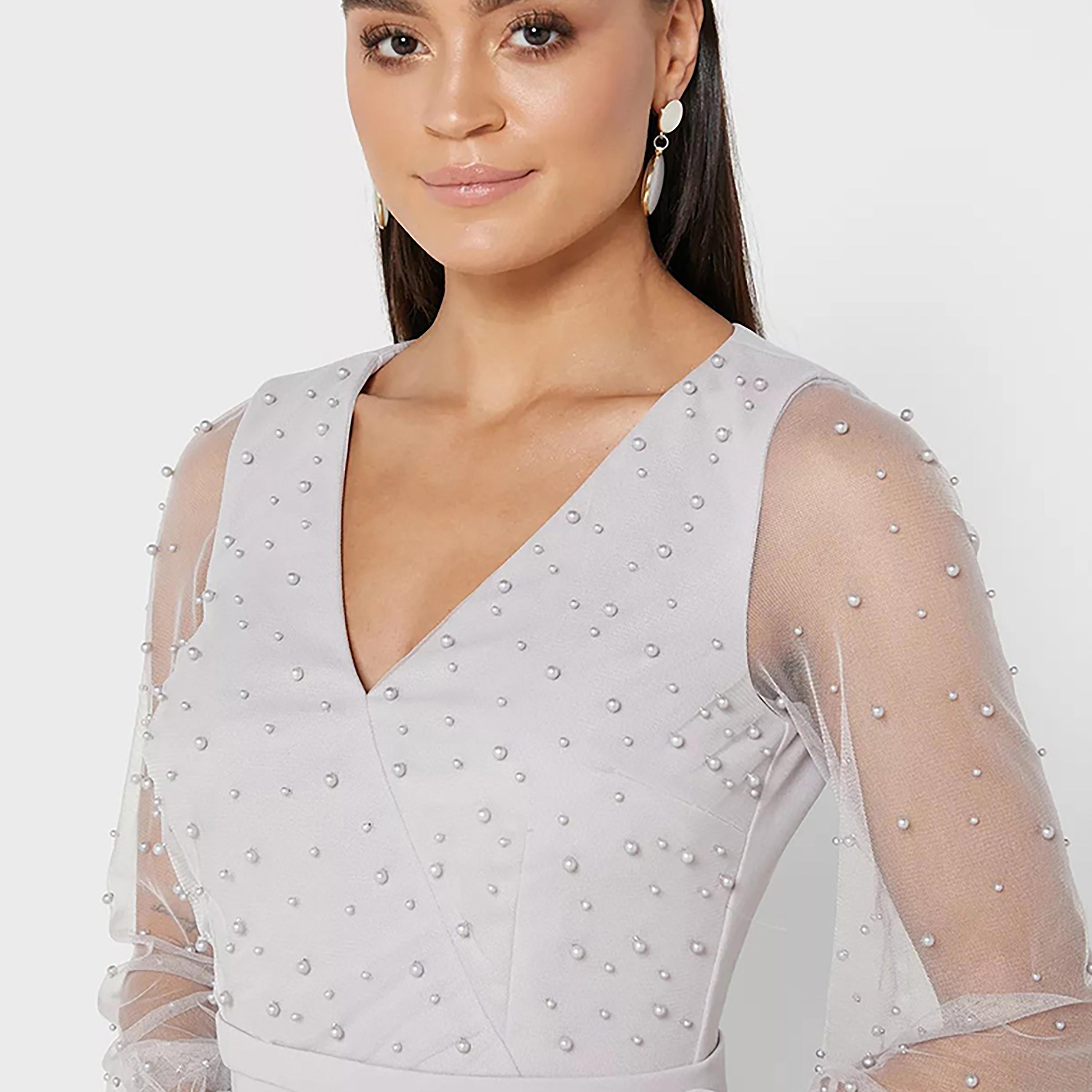 Little Mistress Grey Pearl Embellished Plunge Neck Fit and Flared Maxi Women's Dress-women-clothing-dresses-image-2