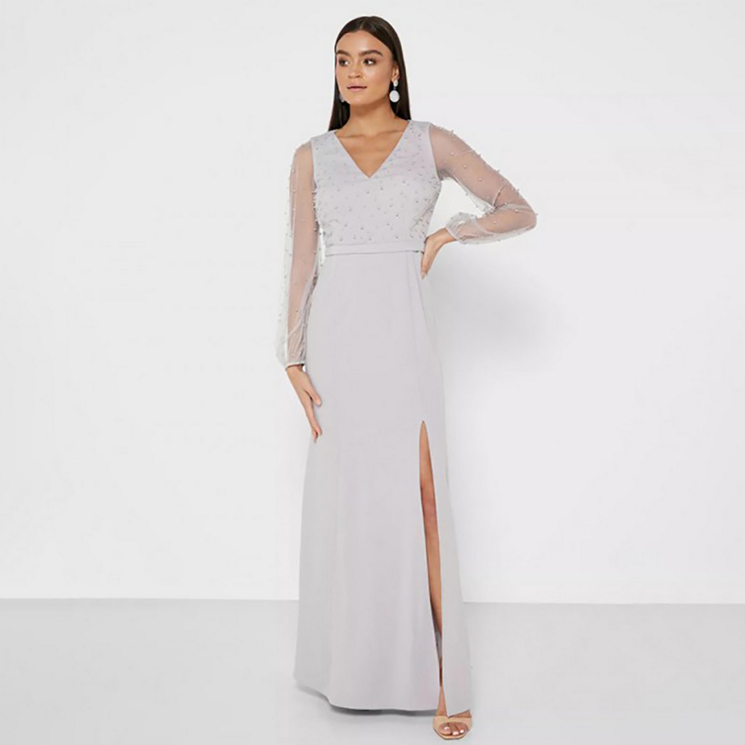 Little Mistress Grey Pearl Embellished Plunge Neck Fit and Flared Maxi Women's Dress-women-clothing-dresses-image-3