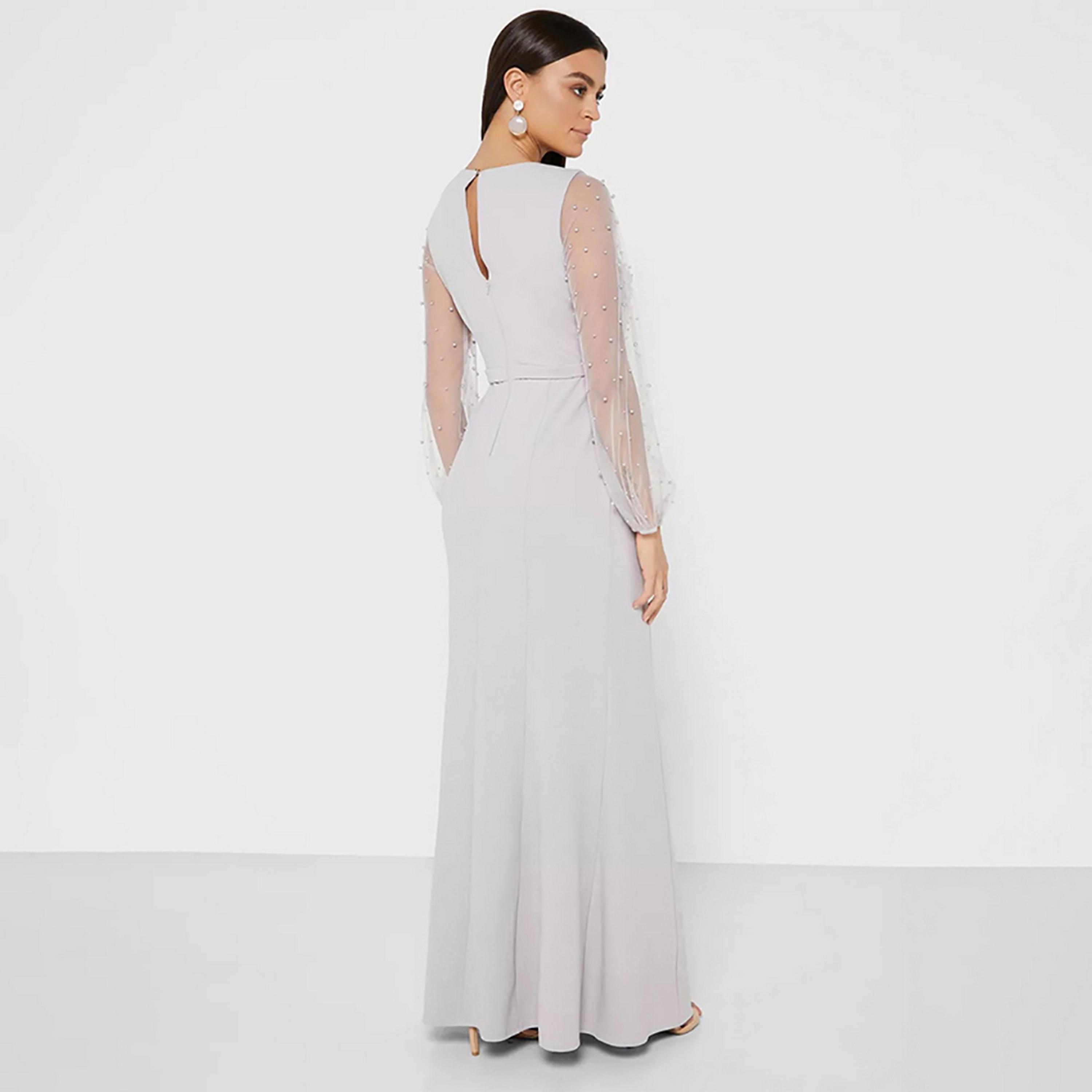 Little Mistress Grey Pearl Embellished Plunge Neck Fit and Flared Maxi Women's Dress-women-clothing-dresses-image-4