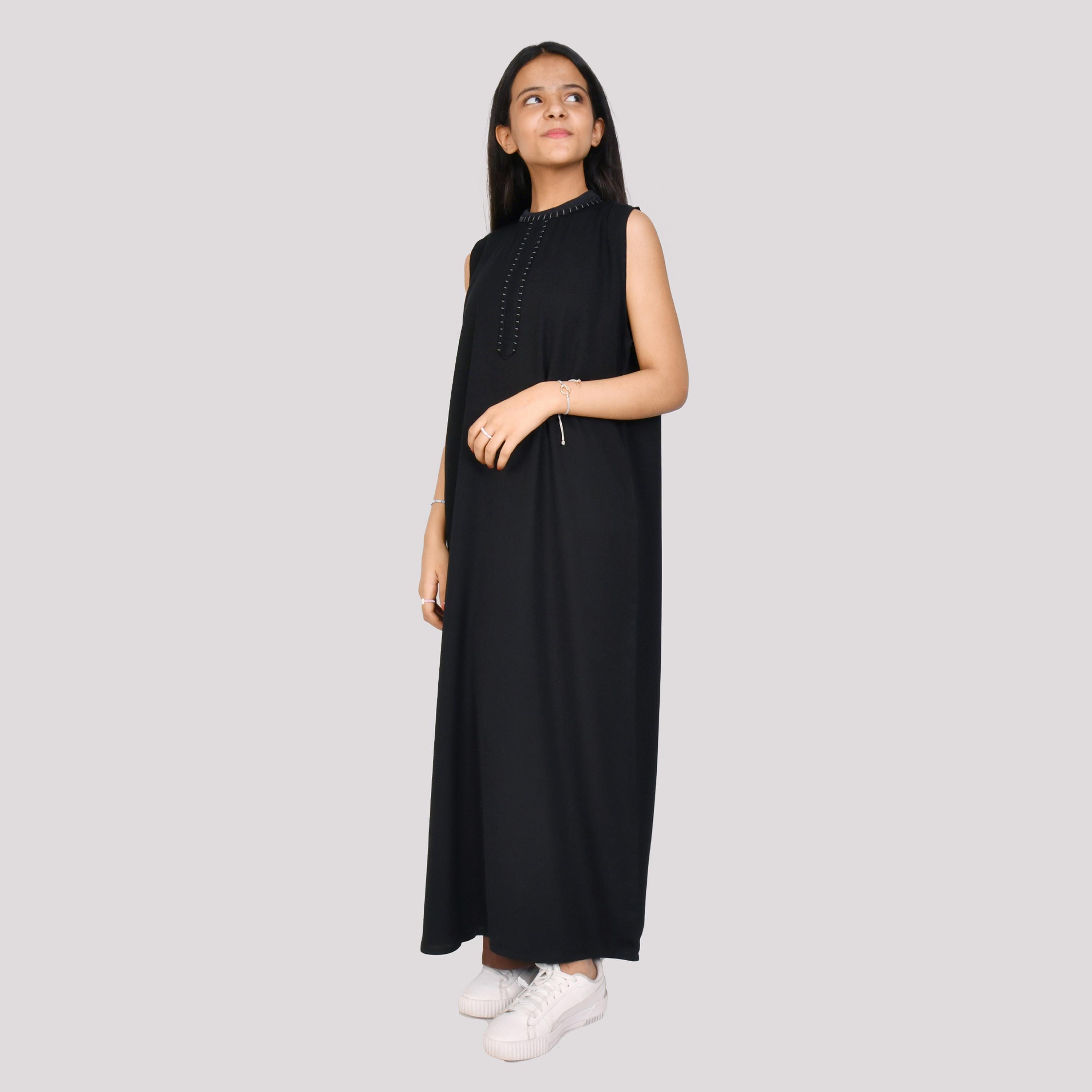 Hawraa Black Sleeveless Crepe Girls Abaya with Hijab-girls-arabicclothing-abayas-image-1