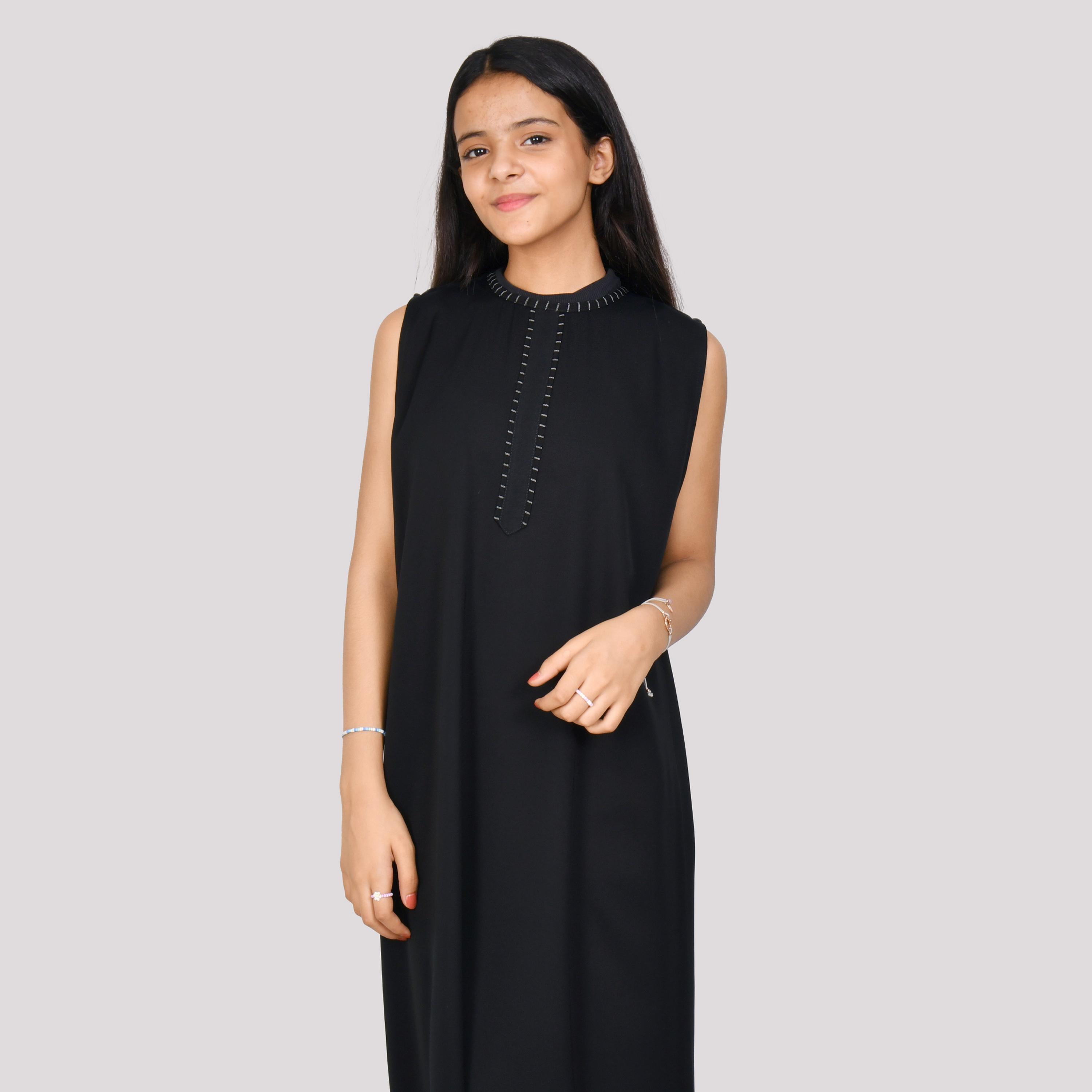 Hawraa Black Sleeveless Crepe Girls Abaya with Hijab-girls-arabicclothing-abayas-image-2