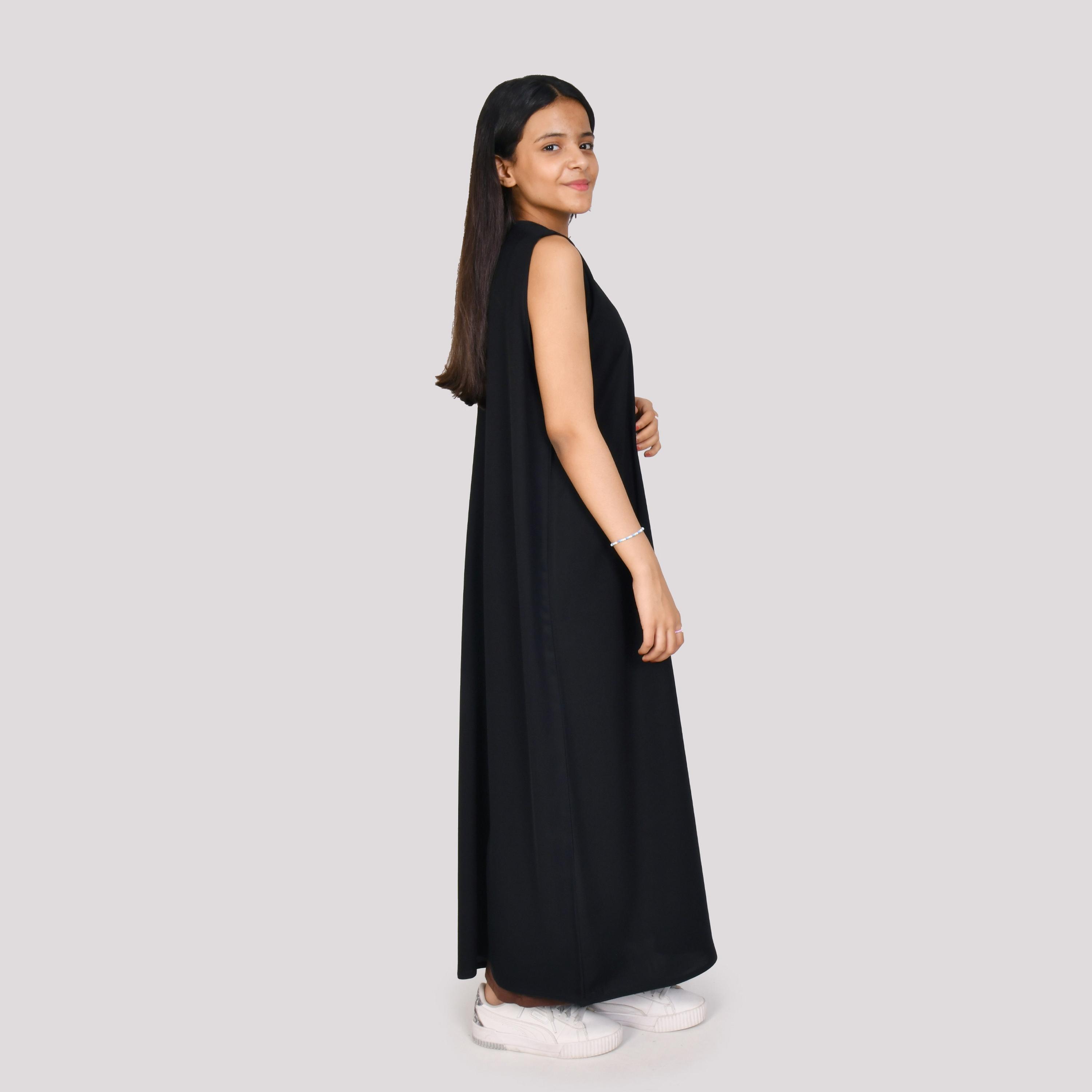 Hawraa Black Sleeveless Crepe Girls Abaya with Hijab-girls-arabicclothing-abayas-image-4
