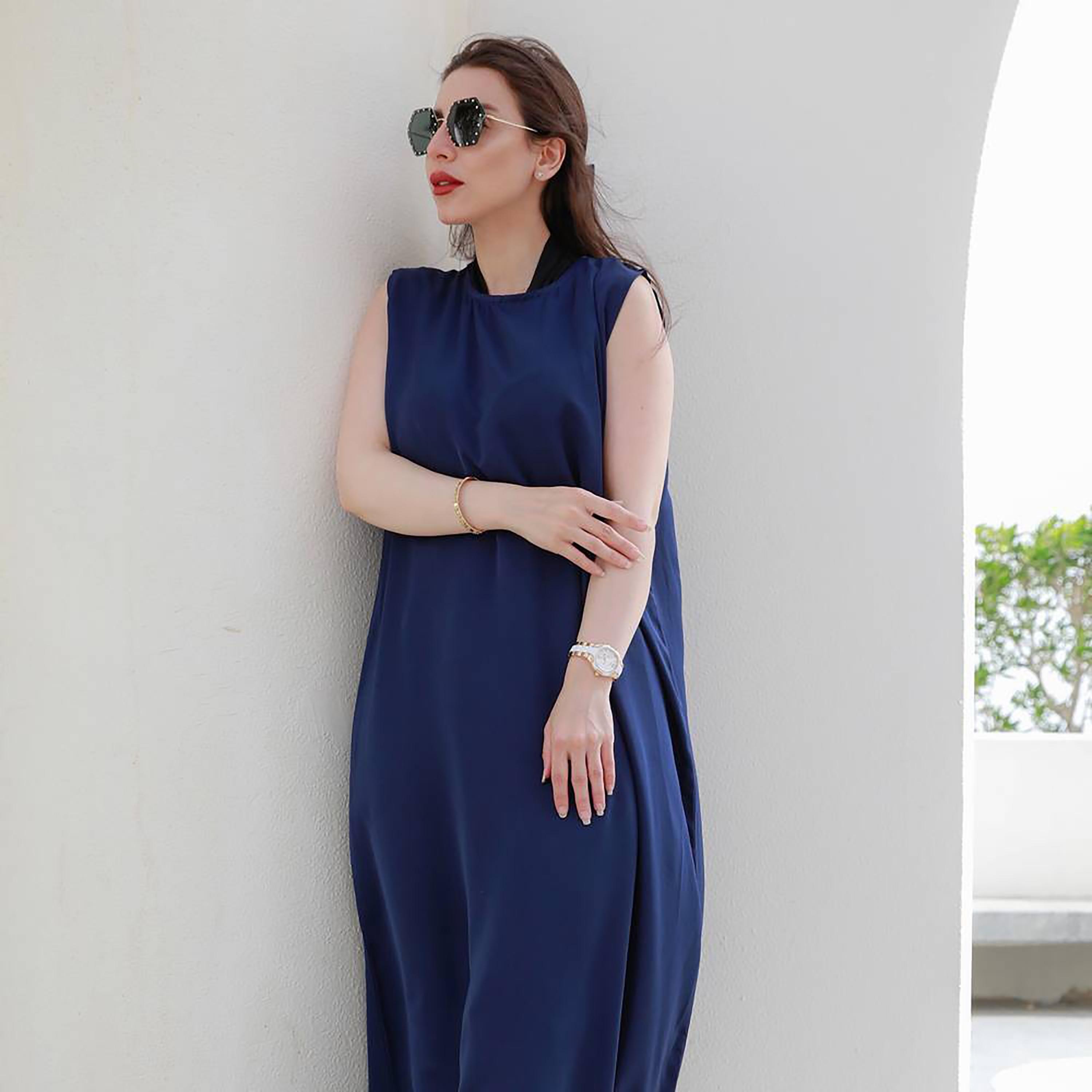 Hawraa Navy Blue Crepe Abaya Inner Dress-women-arabicclothing-abayainner-image-1