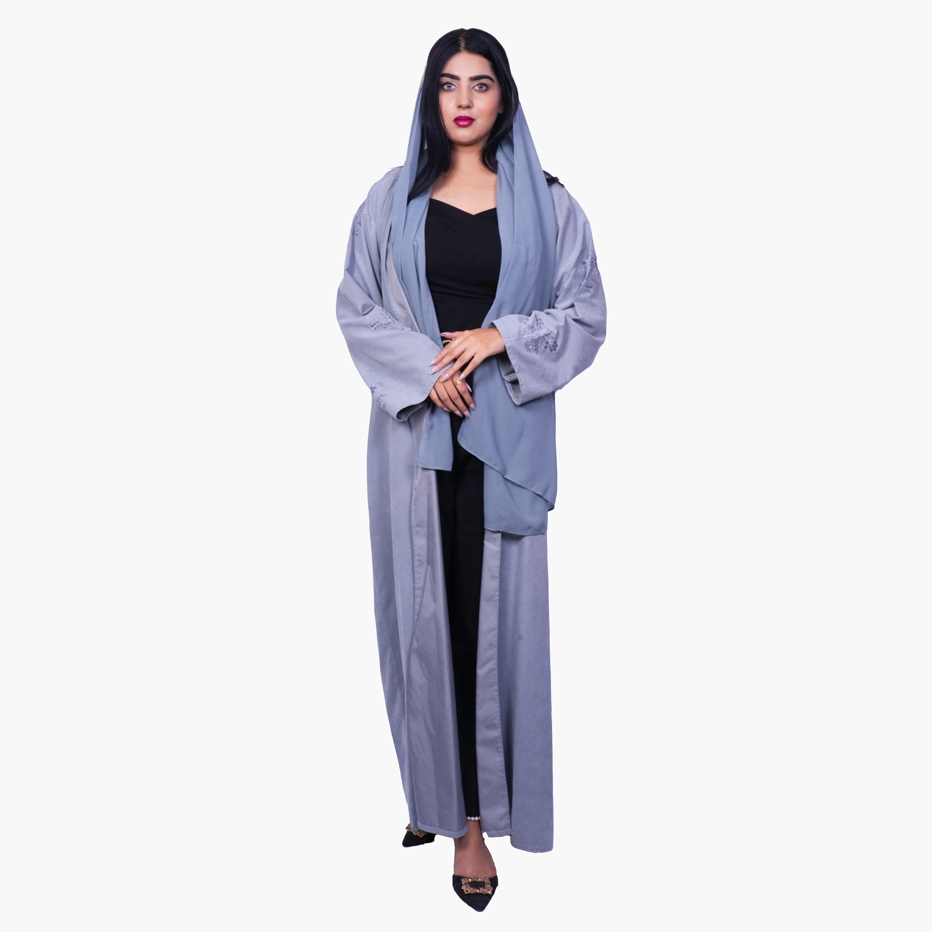Fashion Line Grey Floral Embroidered Sleeves Soft Elegance Abaya with Hijab-women-arabicclothing-abayas-image-1