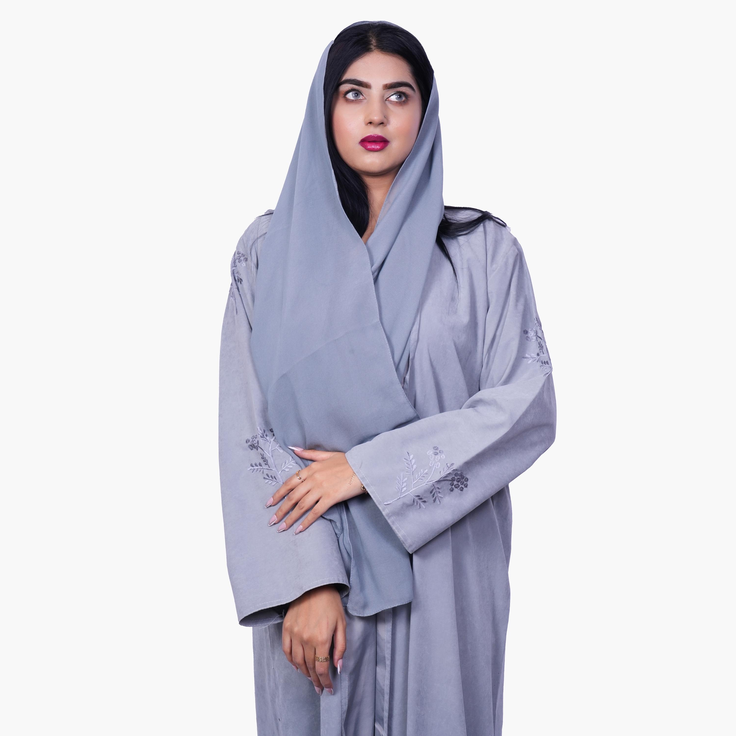 Fashion Line Grey Floral Embroidered Sleeves Soft Elegance Abaya with Hijab-women-arabicclothing-abayas-image-2