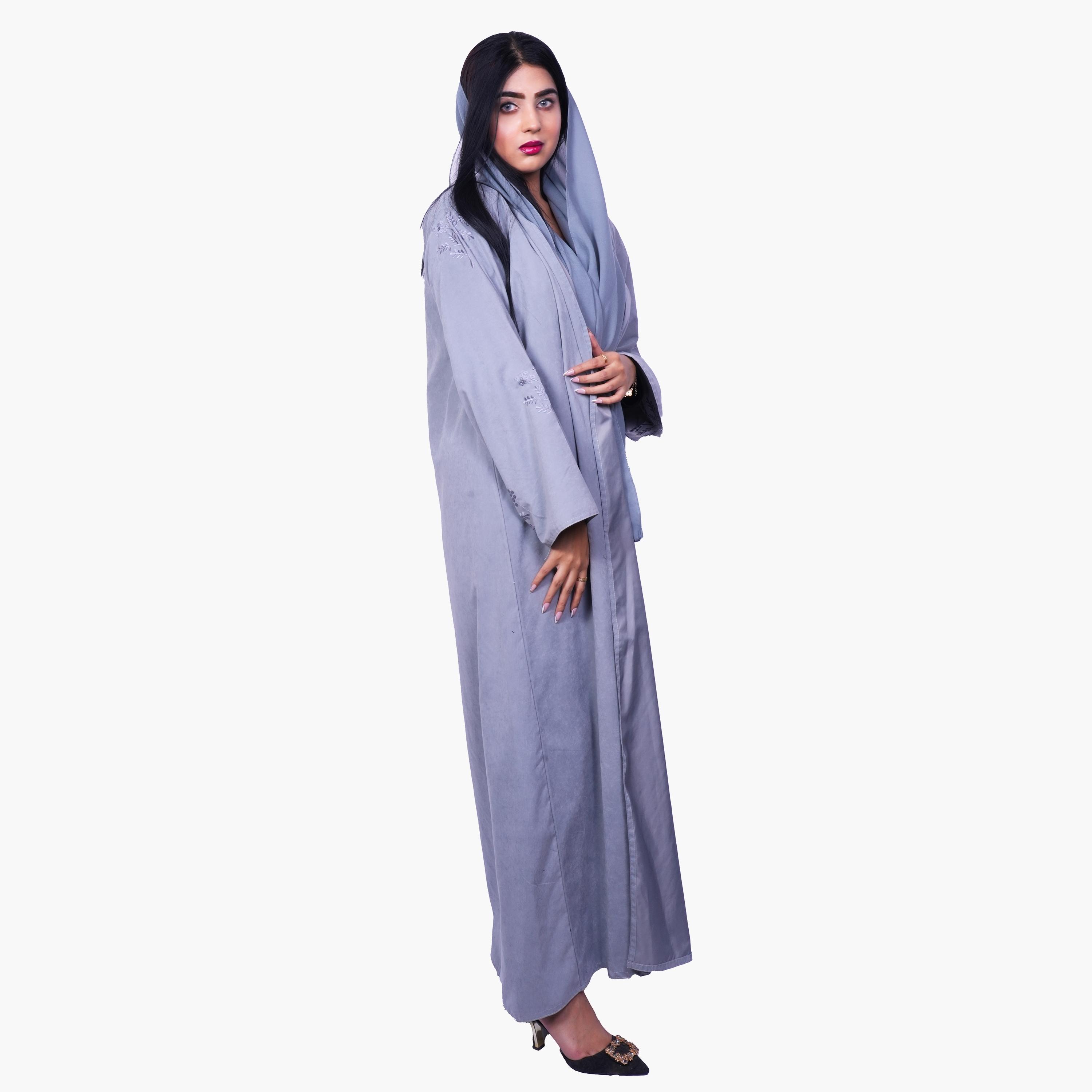 Fashion Line Grey Floral Embroidered Sleeves Soft Elegance Abaya with Hijab-women-arabicclothing-abayas-image-3