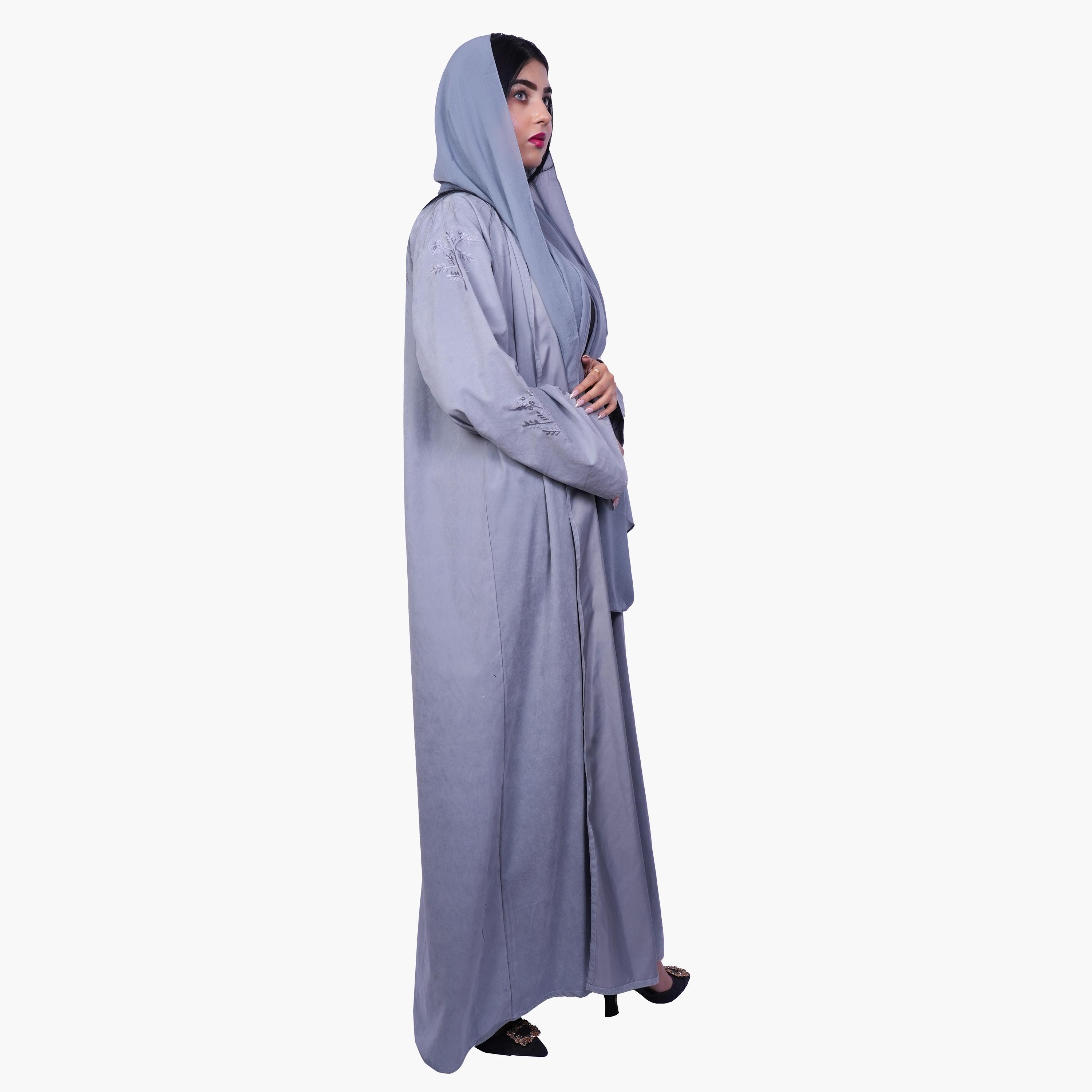 Fashion Line Grey Floral Embroidered Sleeves Soft Elegance Abaya with Hijab-women-arabicclothing-abayas-image-4