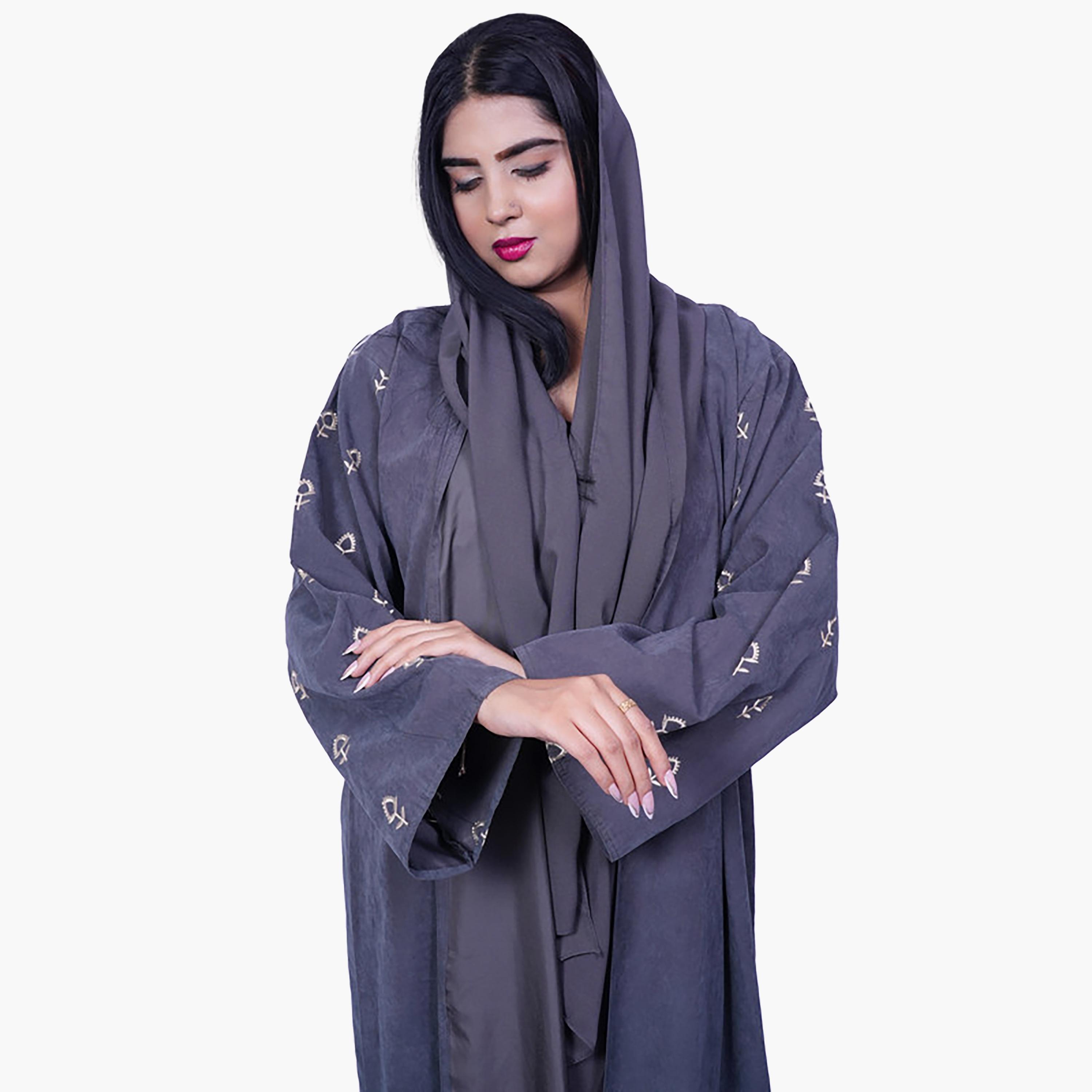 Fashion Line Floral Embroidered Sleeves Grace Abaya with Hijab-women-arabicclothing-abayas-image-2
