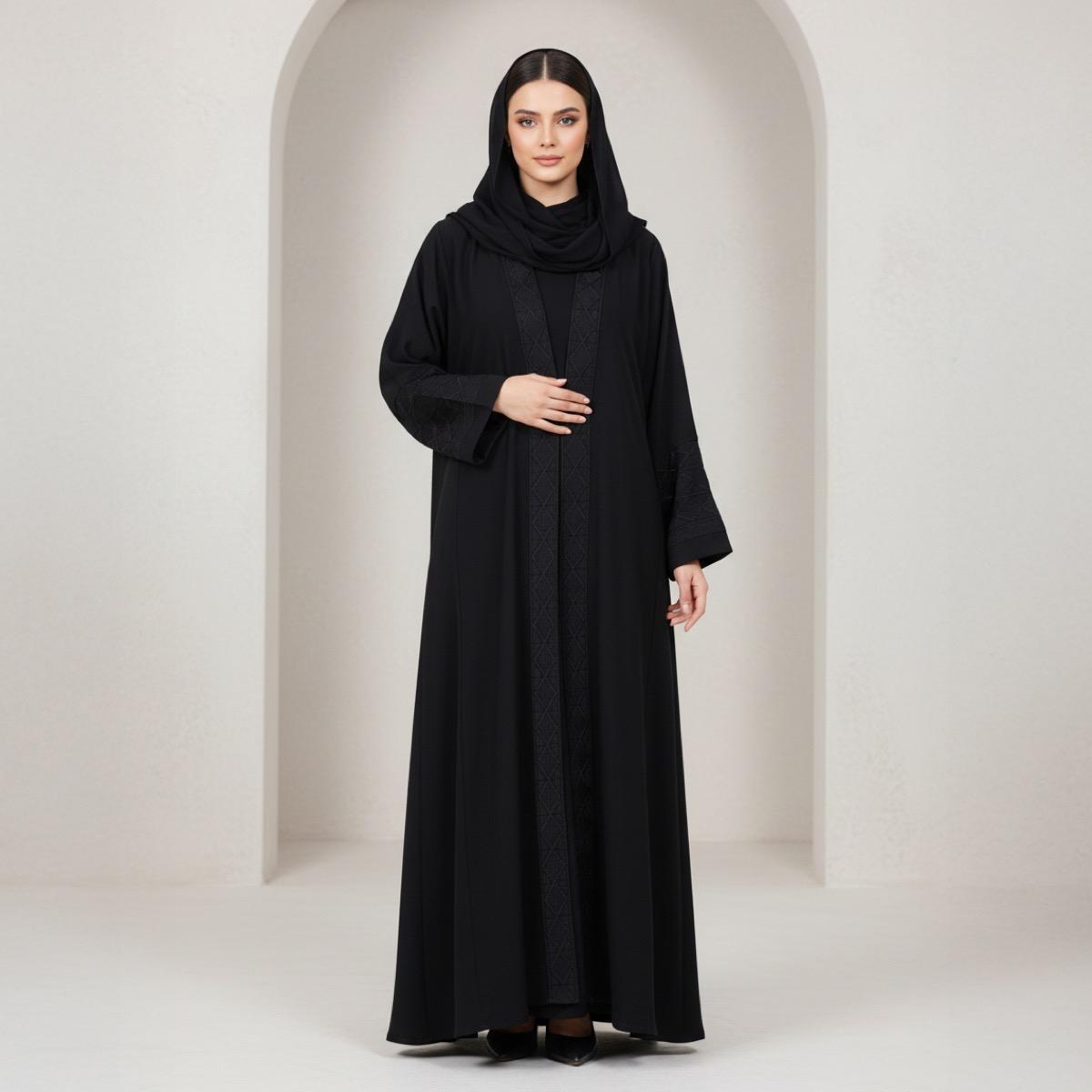 Fashion Line Ethereal Noir Intricate Embroidered Sleeve Abaya with Hijab-women-arabicclothing-abayas-image-1