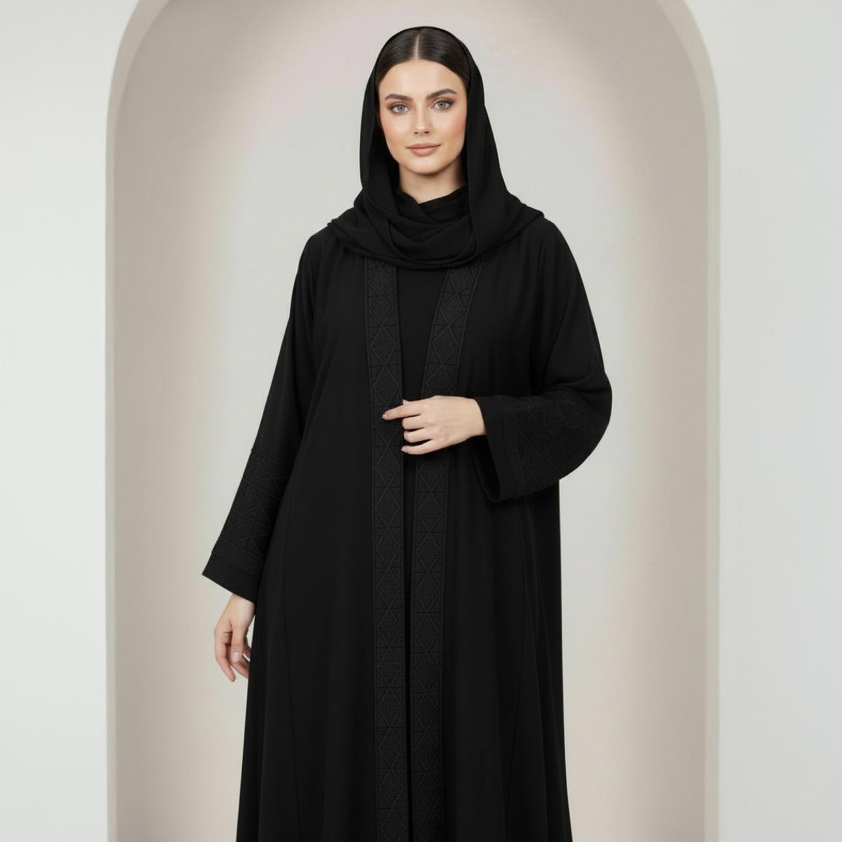 Fashion Line Ethereal Noir Intricate Embroidered Sleeve Abaya with Hijab-women-arabicclothing-abayas-image-2