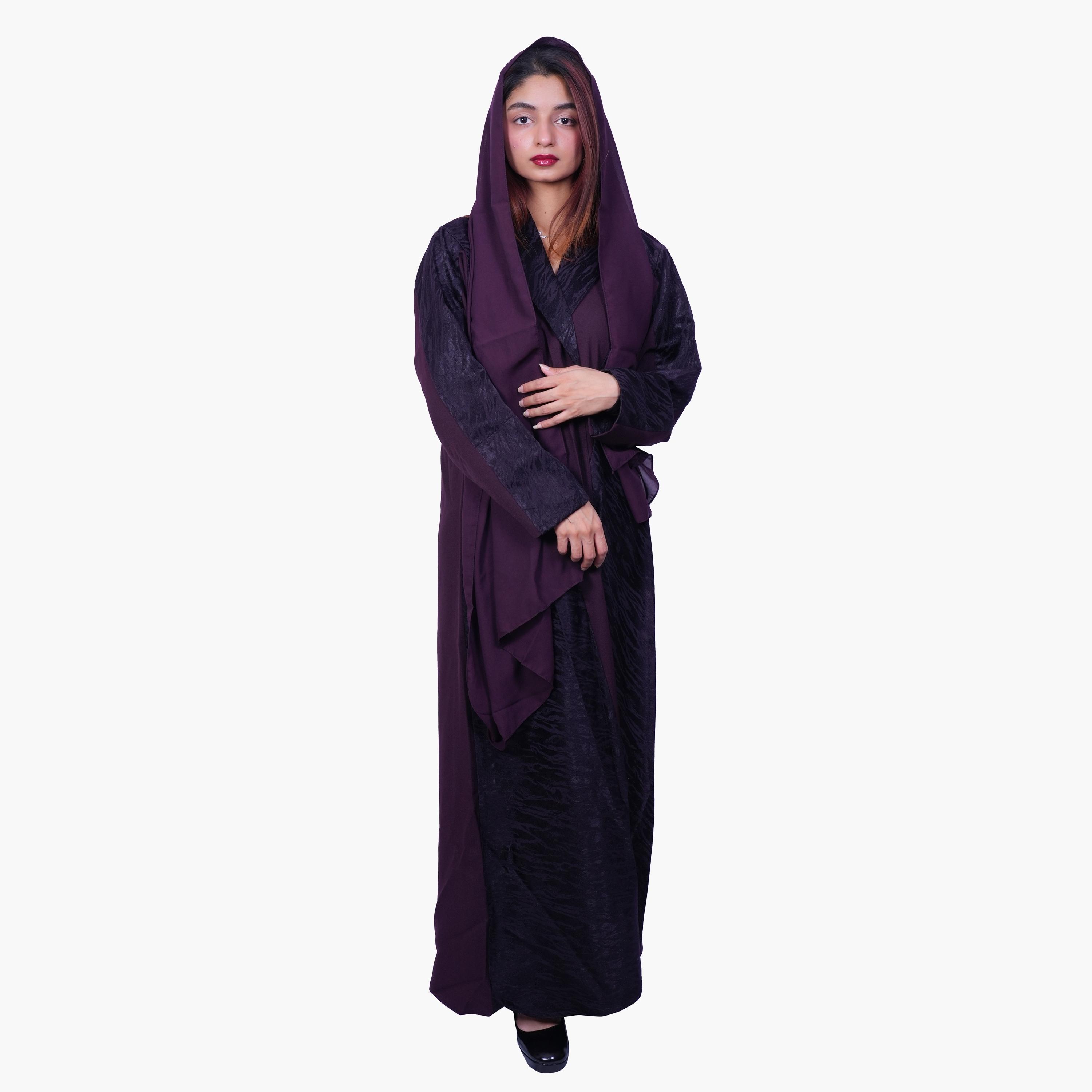 Fashion Line Plum Grace Contrast Front Panel Dual Tone Abaya with Hijab-women-arabicclothing-abayas-image-1