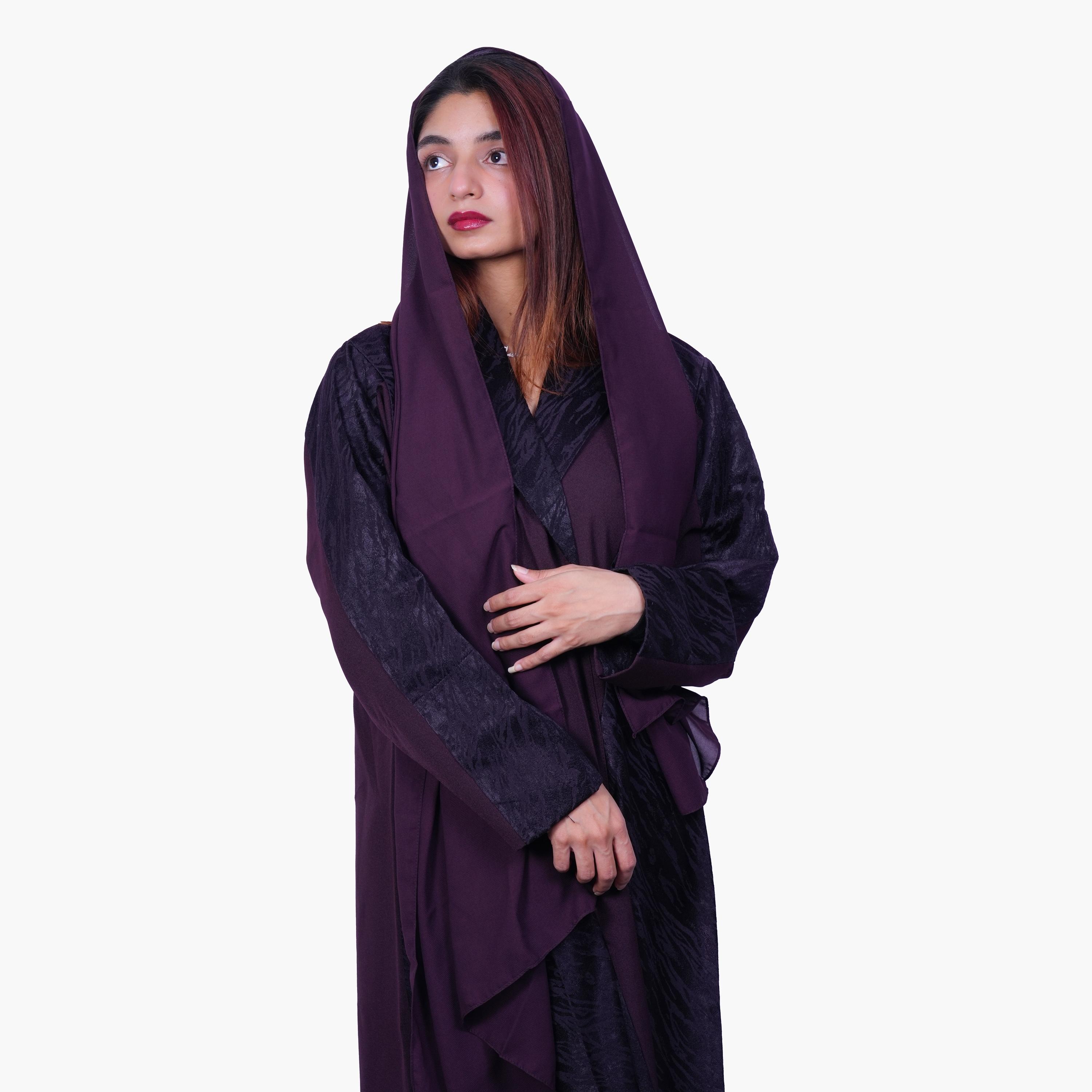 Fashion Line Plum Grace Contrast Front Panel Dual Tone Abaya with Hijab-women-arabicclothing-abayas-image-2
