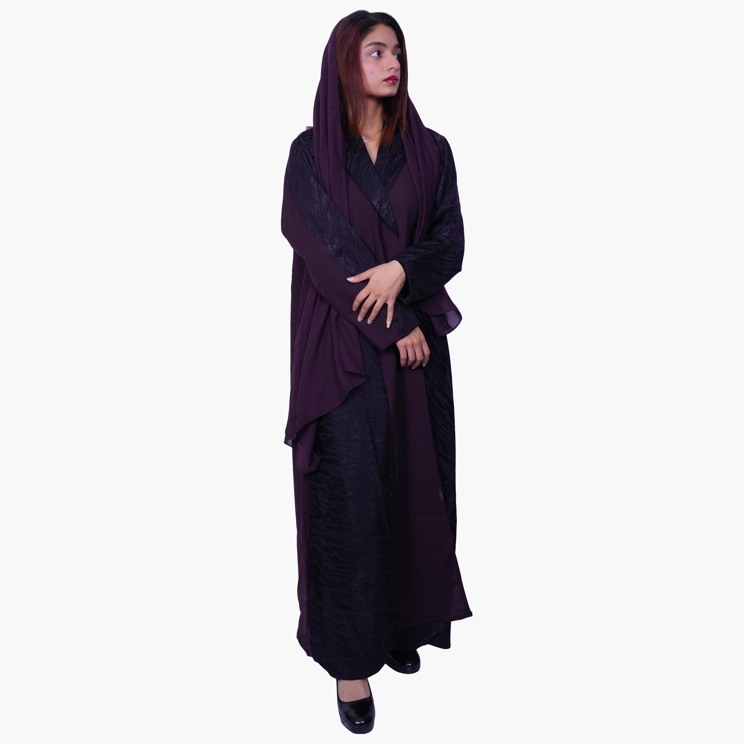 Fashion Line Plum Grace Contrast Front Panel Dual Tone Abaya with Hijab-women-arabicclothing-abayas-image-4