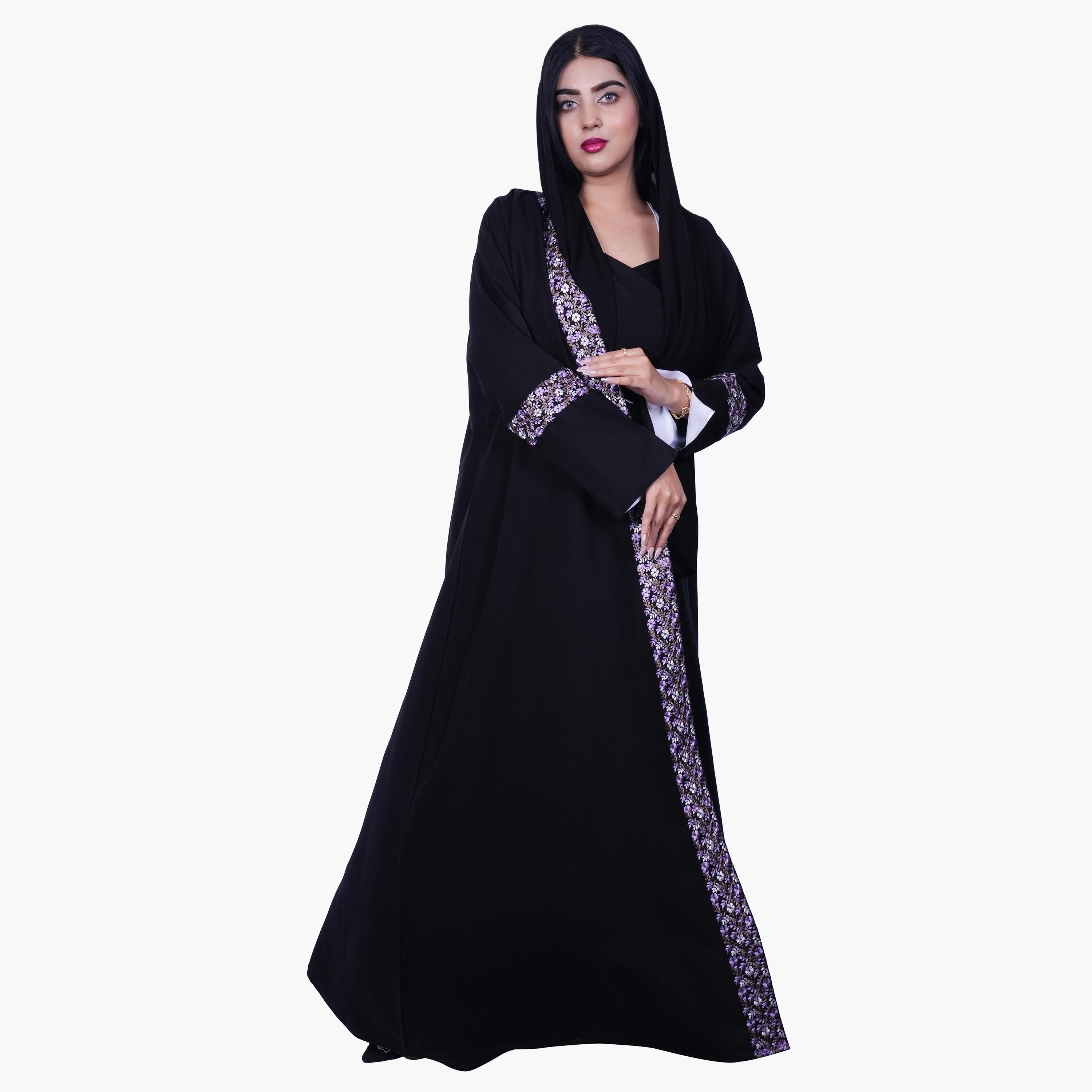 Fashion Line Black Regal Floral Embroidered Slit Sleeve Abaya with Hijab-women-arabicclothing-abayas-image-1