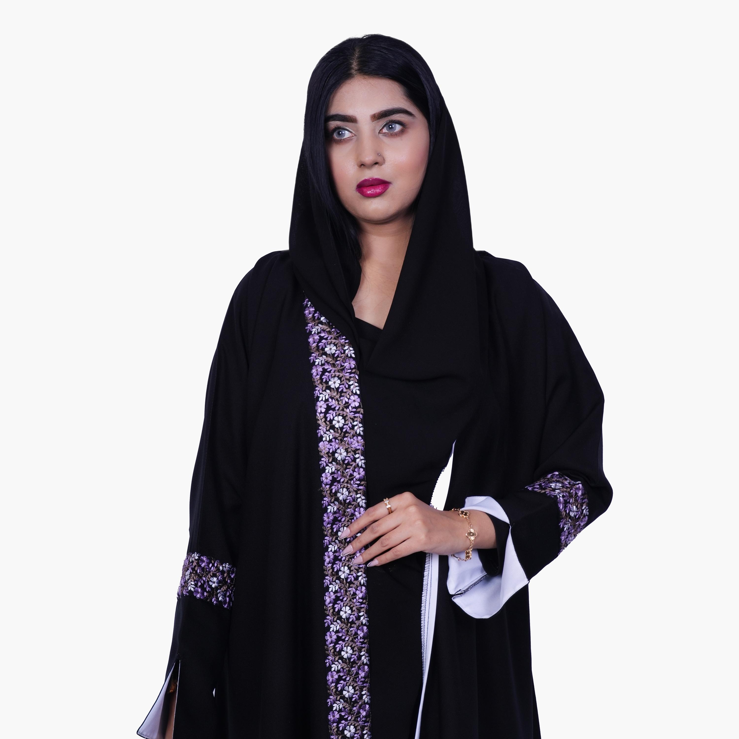 Fashion Line Black Regal Floral Embroidered Slit Sleeve Abaya with Hijab-women-arabicclothing-abayas-image-2