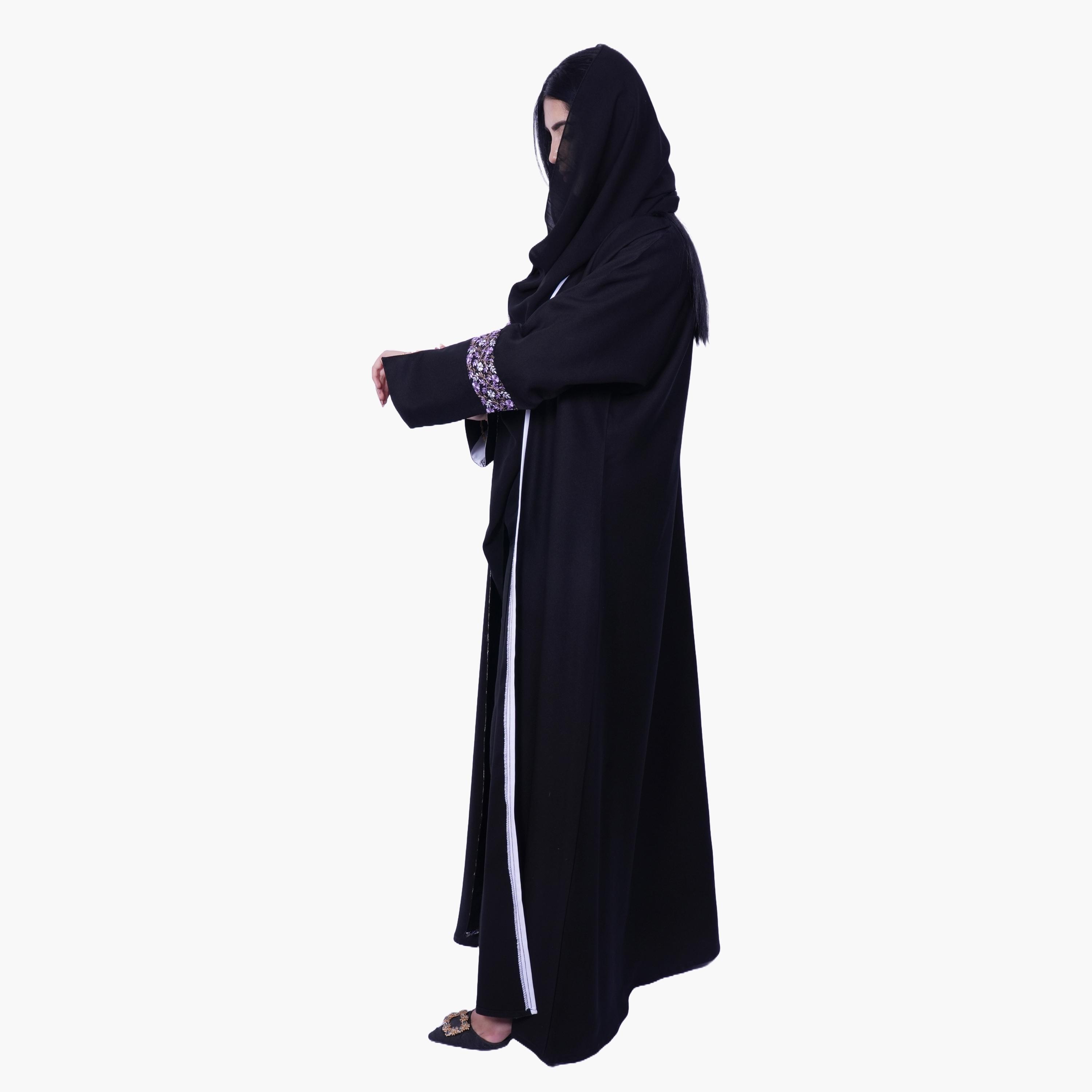 Fashion Line Black Regal Floral Embroidered Slit Sleeve Abaya with Hijab-women-arabicclothing-abayas-image-3