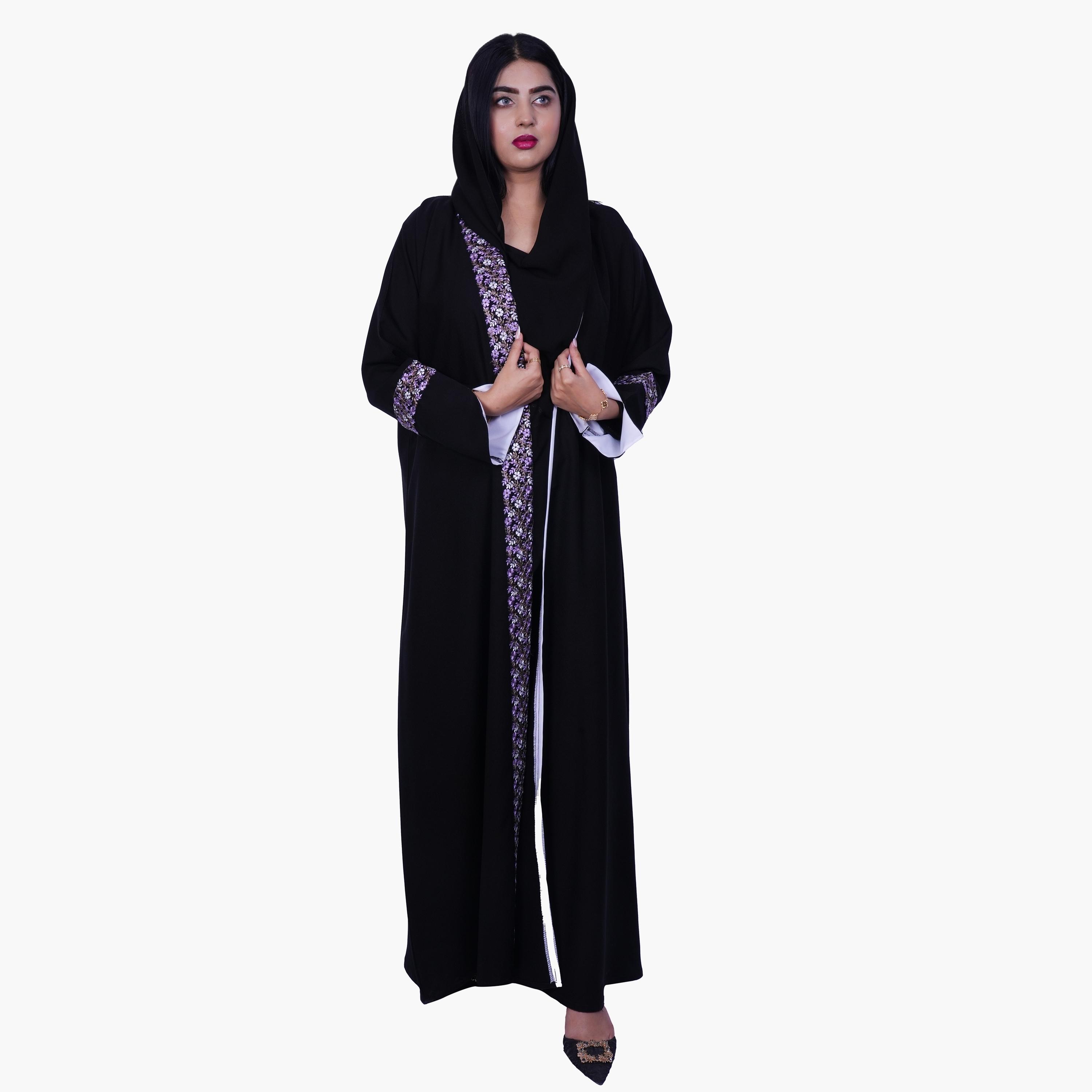 Fashion Line Black Regal Floral Embroidered Slit Sleeve Abaya with Hijab-women-arabicclothing-abayas-image-4