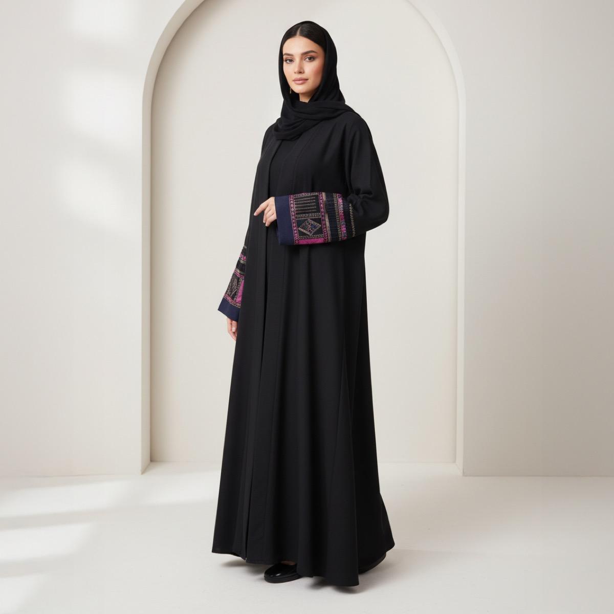 Fashion Line Black Heritage Elegance Embroidered Sleeves Abaya with Hijab-women-arabicclothing-abayas-image-1