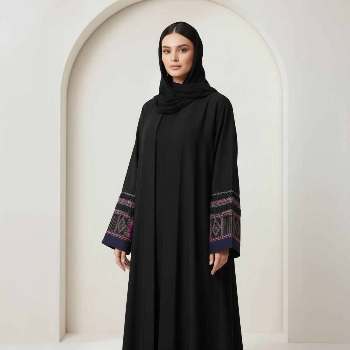Fashion Line Black Heritage Elegance Embroidered Sleeves Abaya with Hijab-women-arabicclothing-abayas-image-2