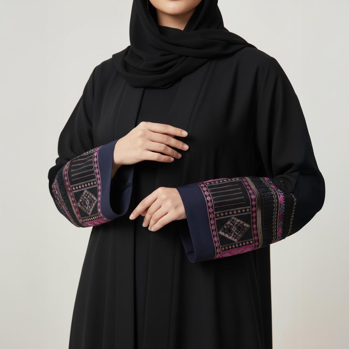 Fashion Line Black Heritage Elegance Embroidered Sleeves Abaya with Hijab-women-arabicclothing-abayas-image-3