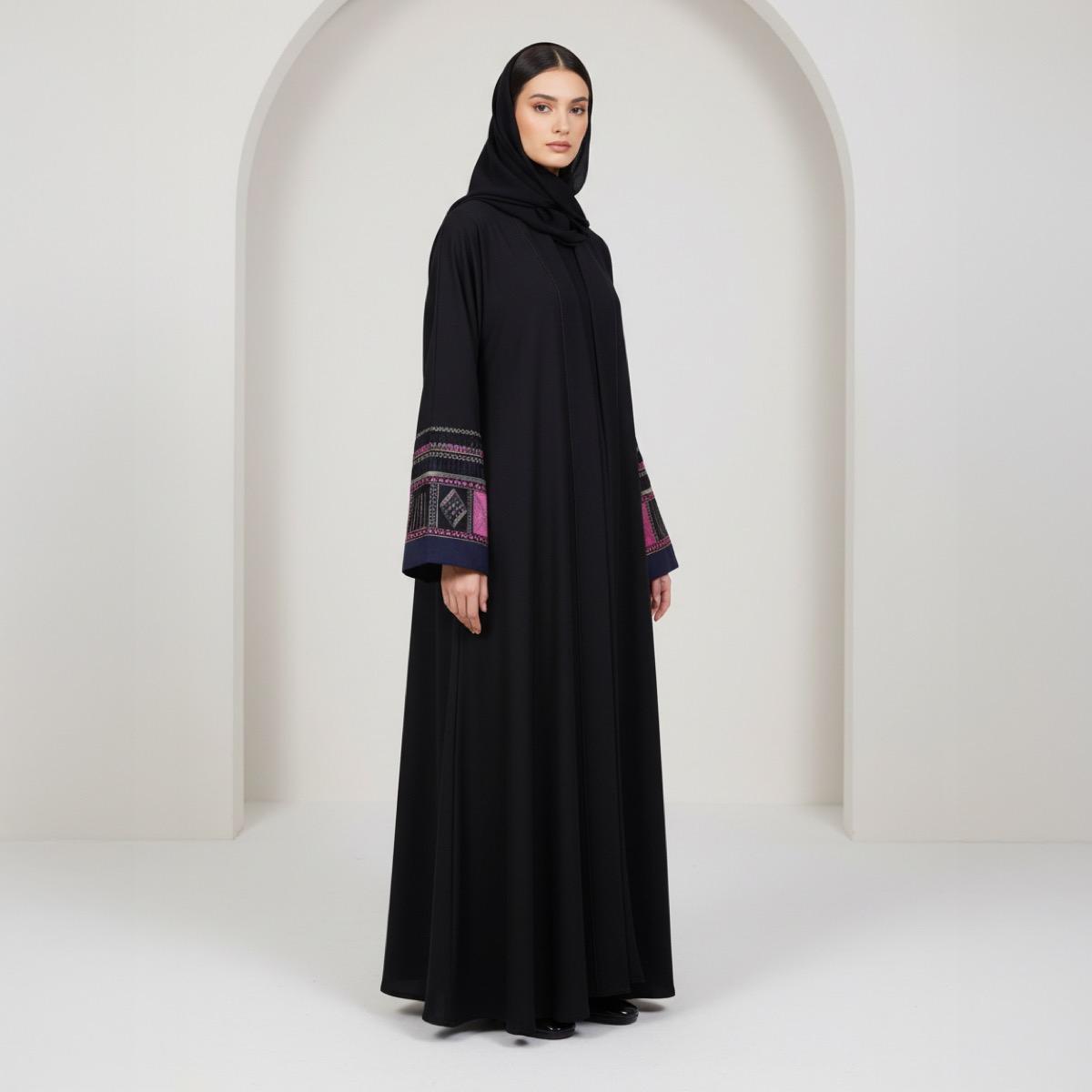 Fashion Line Black Heritage Elegance Embroidered Sleeves Abaya with Hijab-women-arabicclothing-abayas-image-4