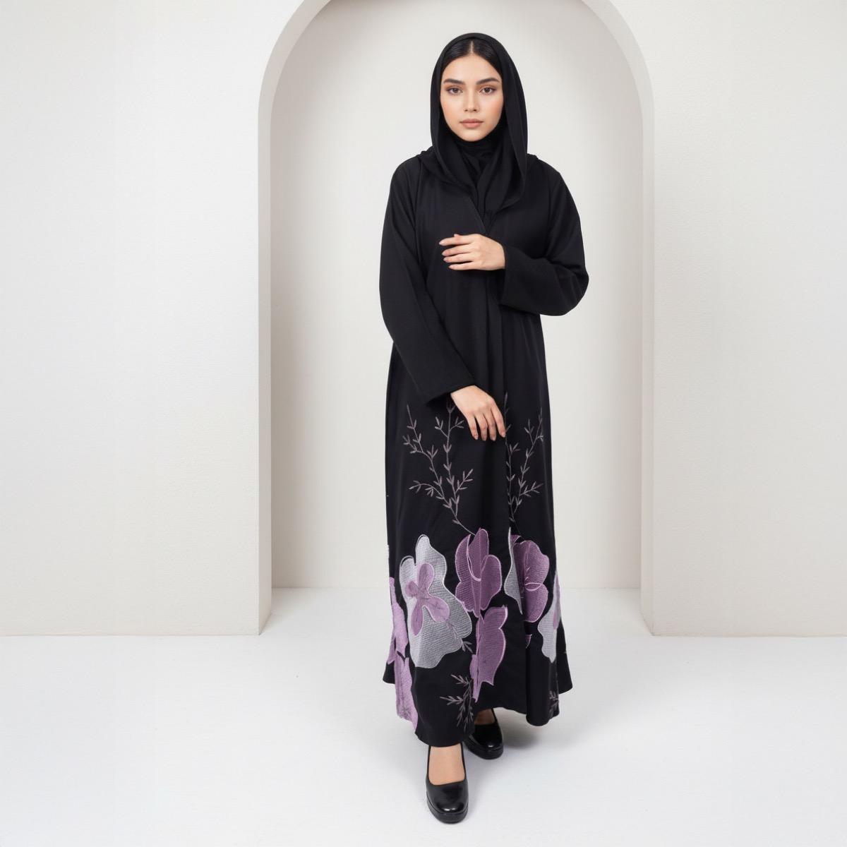 Fashion Line Black Floral Embroidered Grace Abaya with Hijab-women-arabicclothing-abayas-image-1
