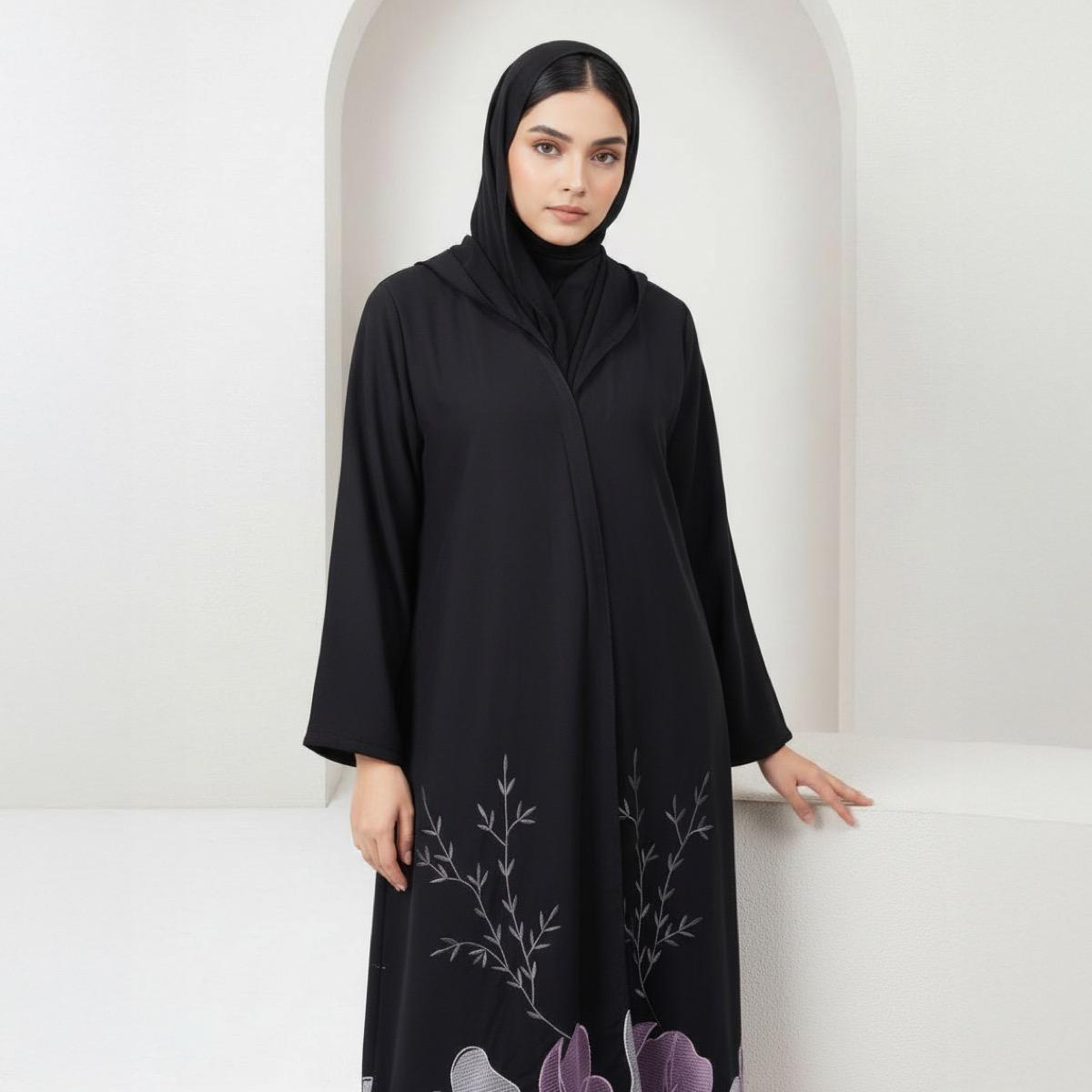 Fashion Line Black Floral Embroidered Grace Abaya with Hijab-women-arabicclothing-abayas-image-2