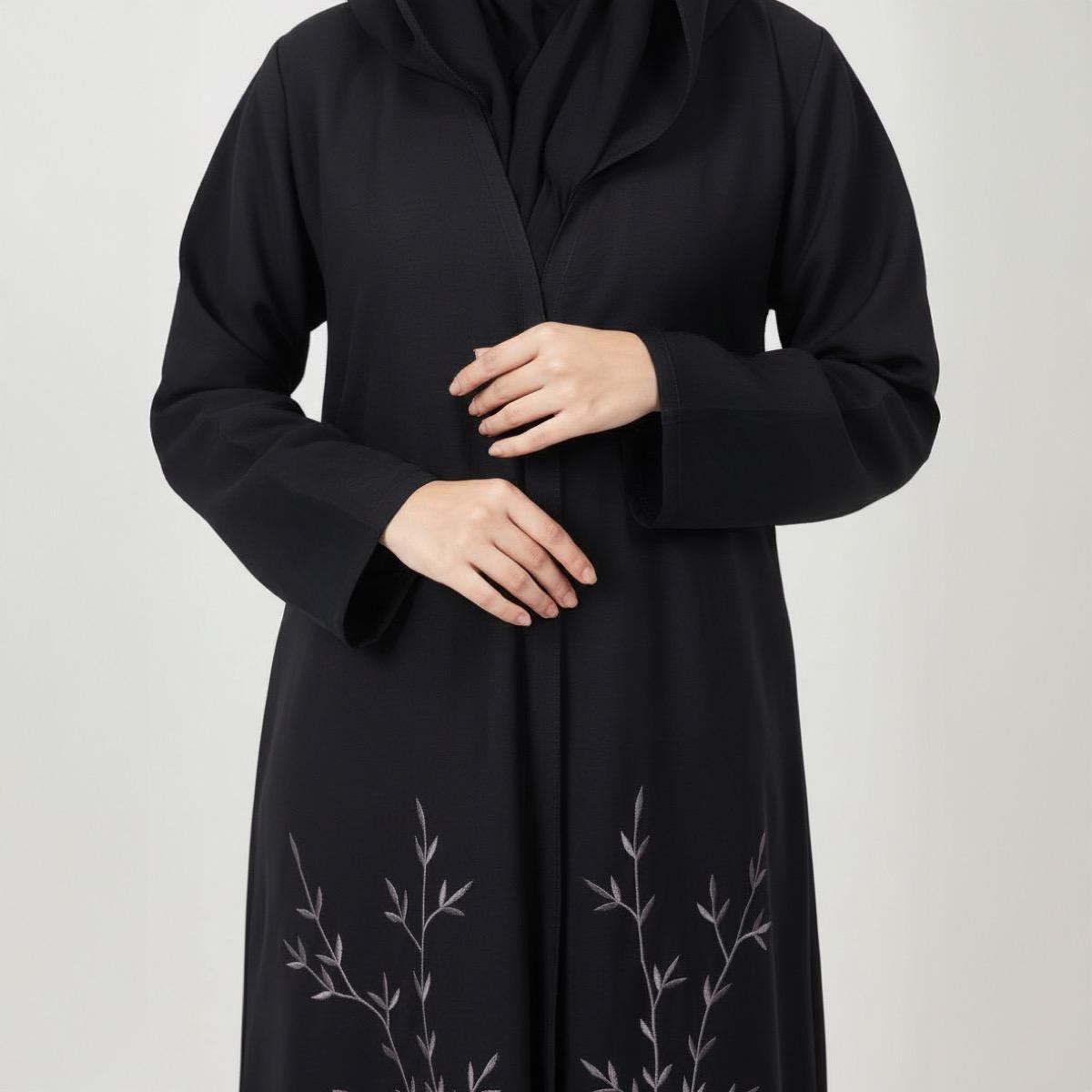 Fashion Line Black Floral Embroidered Grace Abaya with Hijab-women-arabicclothing-abayas-image-3