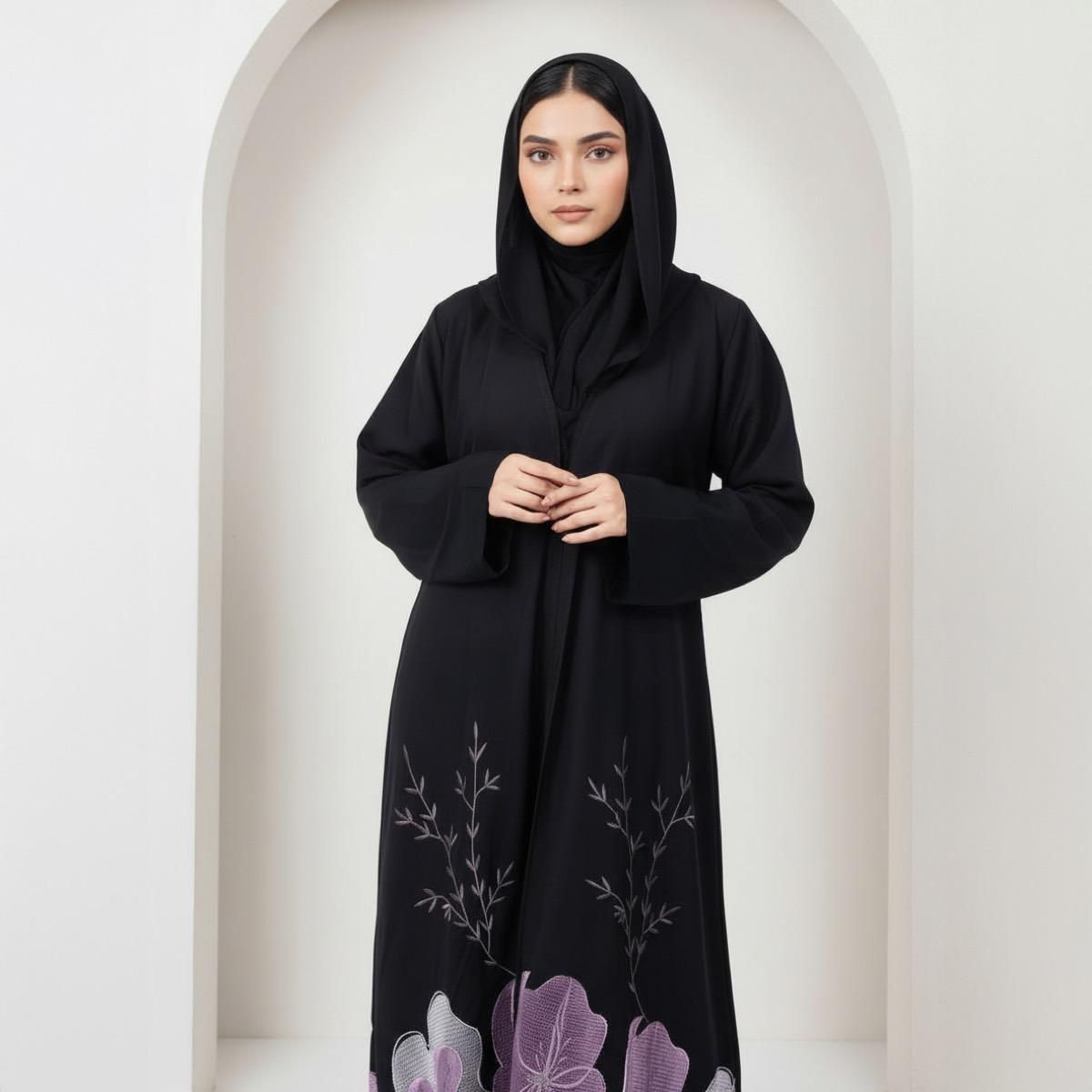 Fashion Line Black Floral Embroidered Grace Abaya with Hijab-women-arabicclothing-abayas-image-4