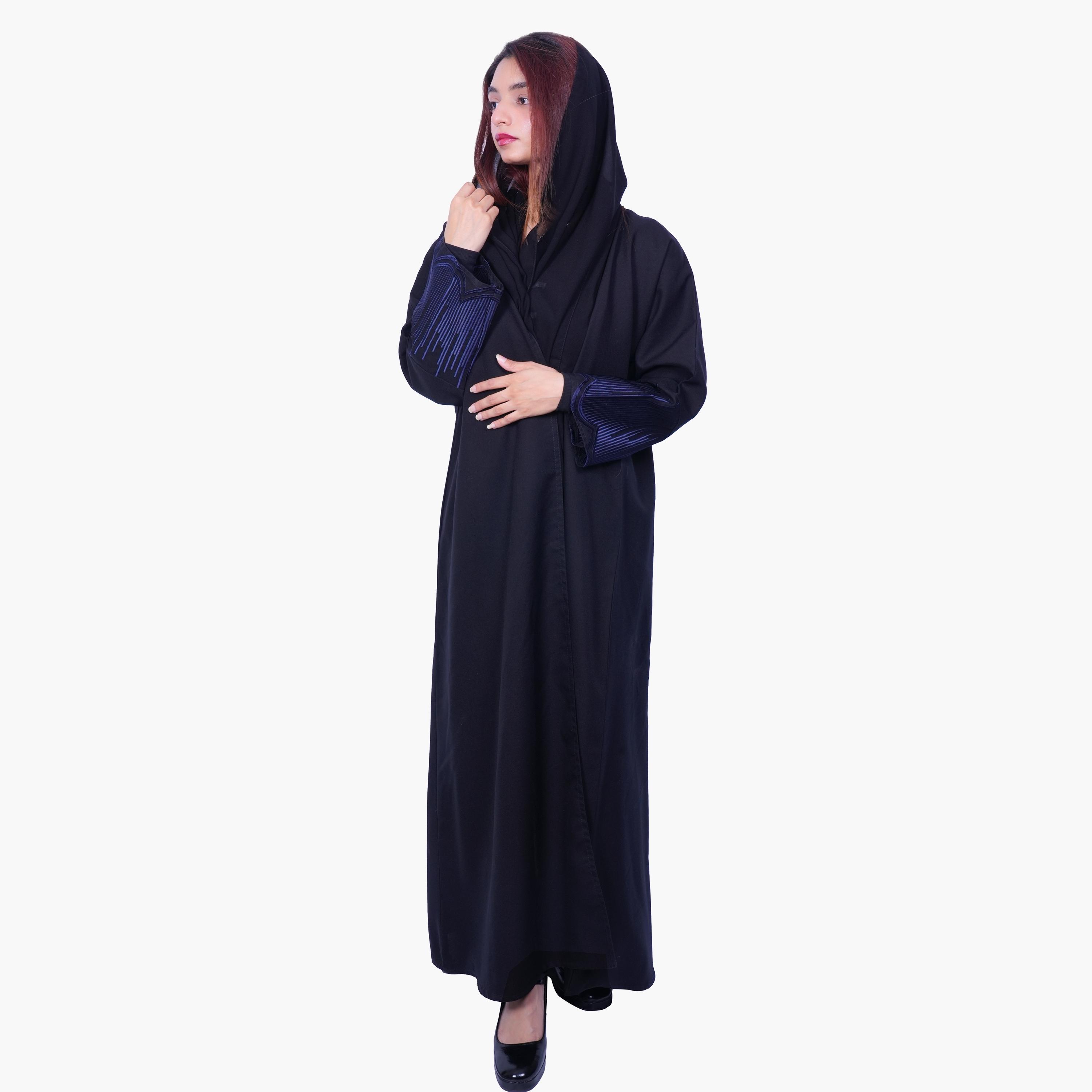 Fashion Line Midnight Elegance Contrast Embroidered Cuff Abaya with Hijab-women-arabicclothing-abayas-image-1