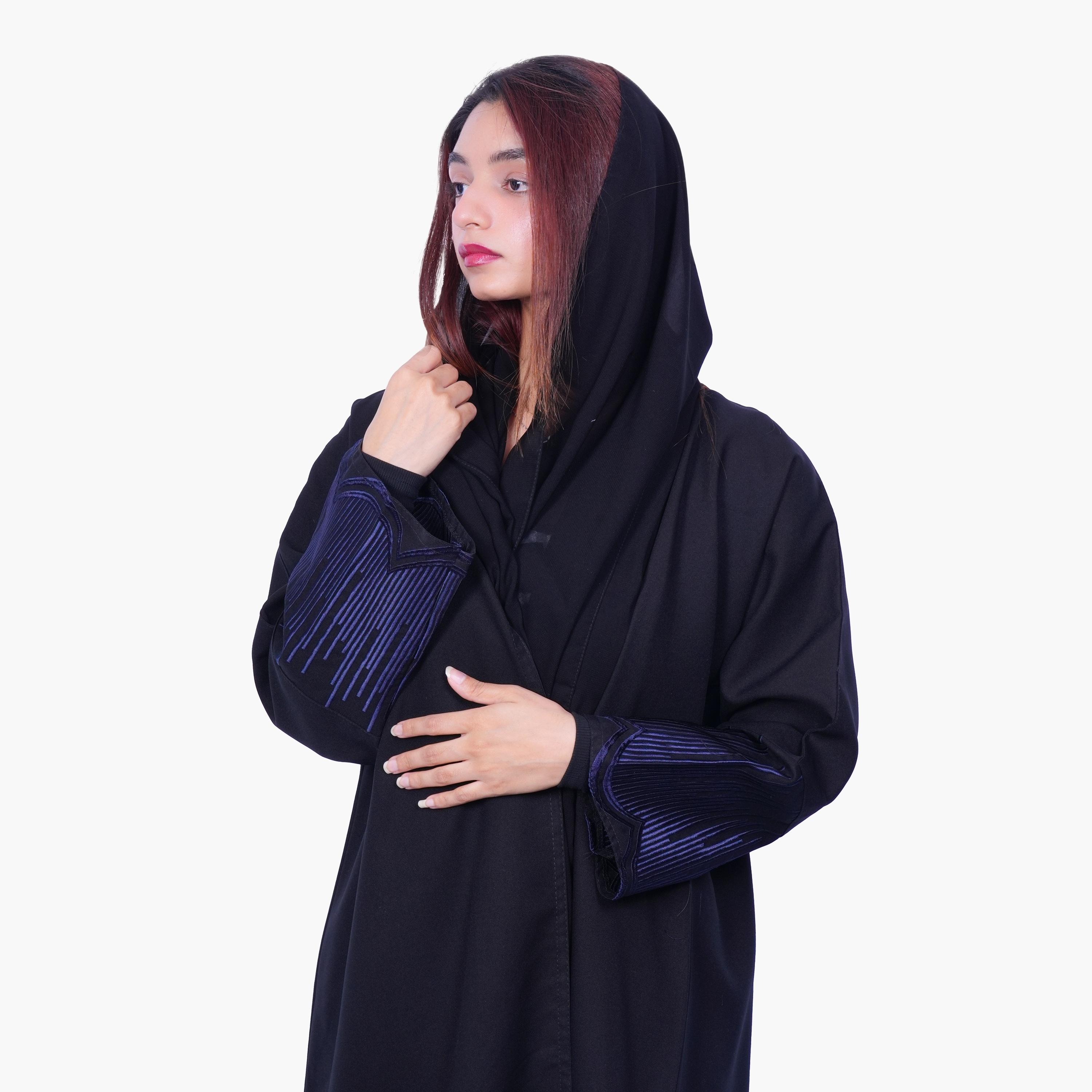 Fashion Line Midnight Elegance Contrast Embroidered Cuff Abaya with Hijab-women-arabicclothing-abayas-image-2