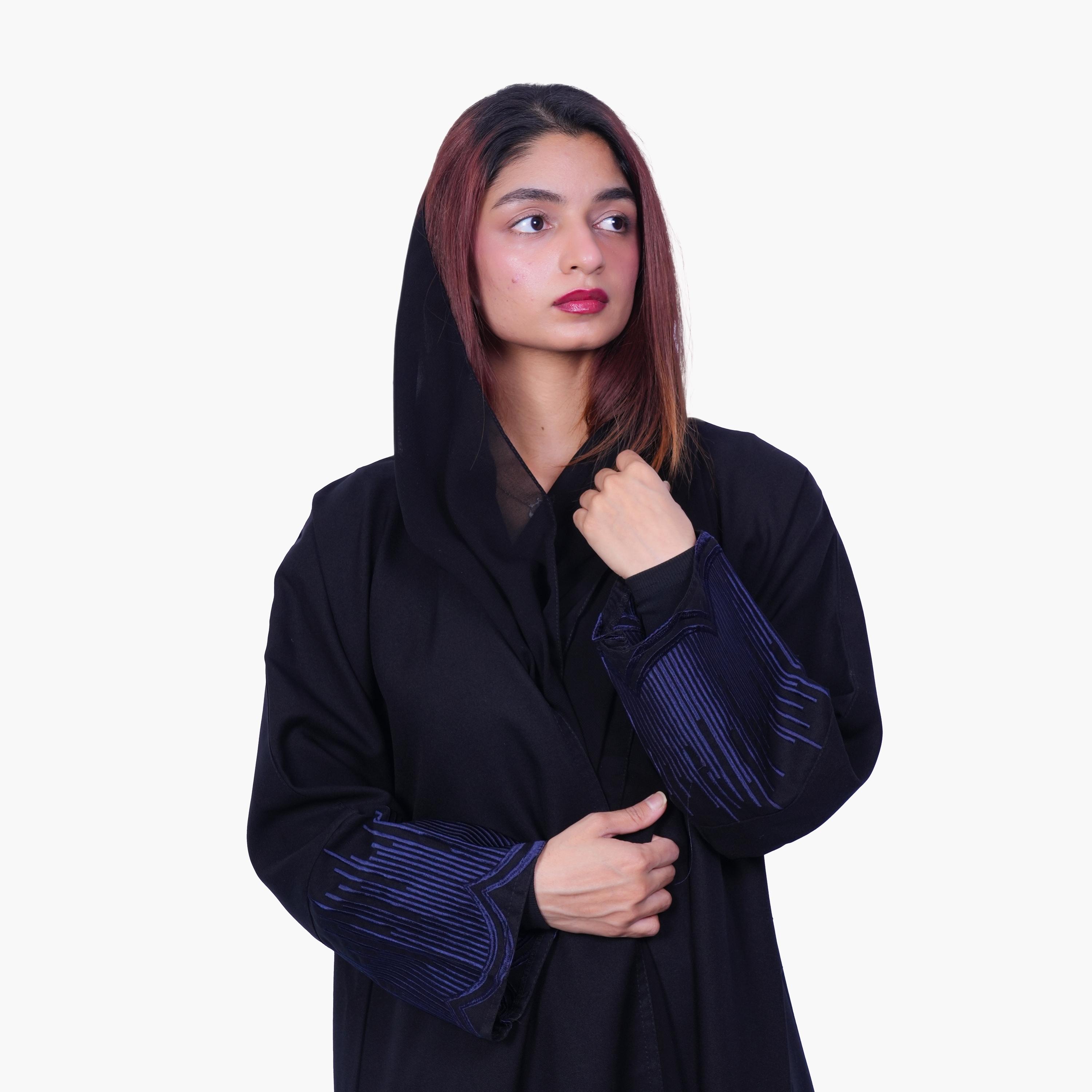 Fashion Line Midnight Elegance Contrast Embroidered Cuff Abaya with Hijab-women-arabicclothing-abayas-image-3