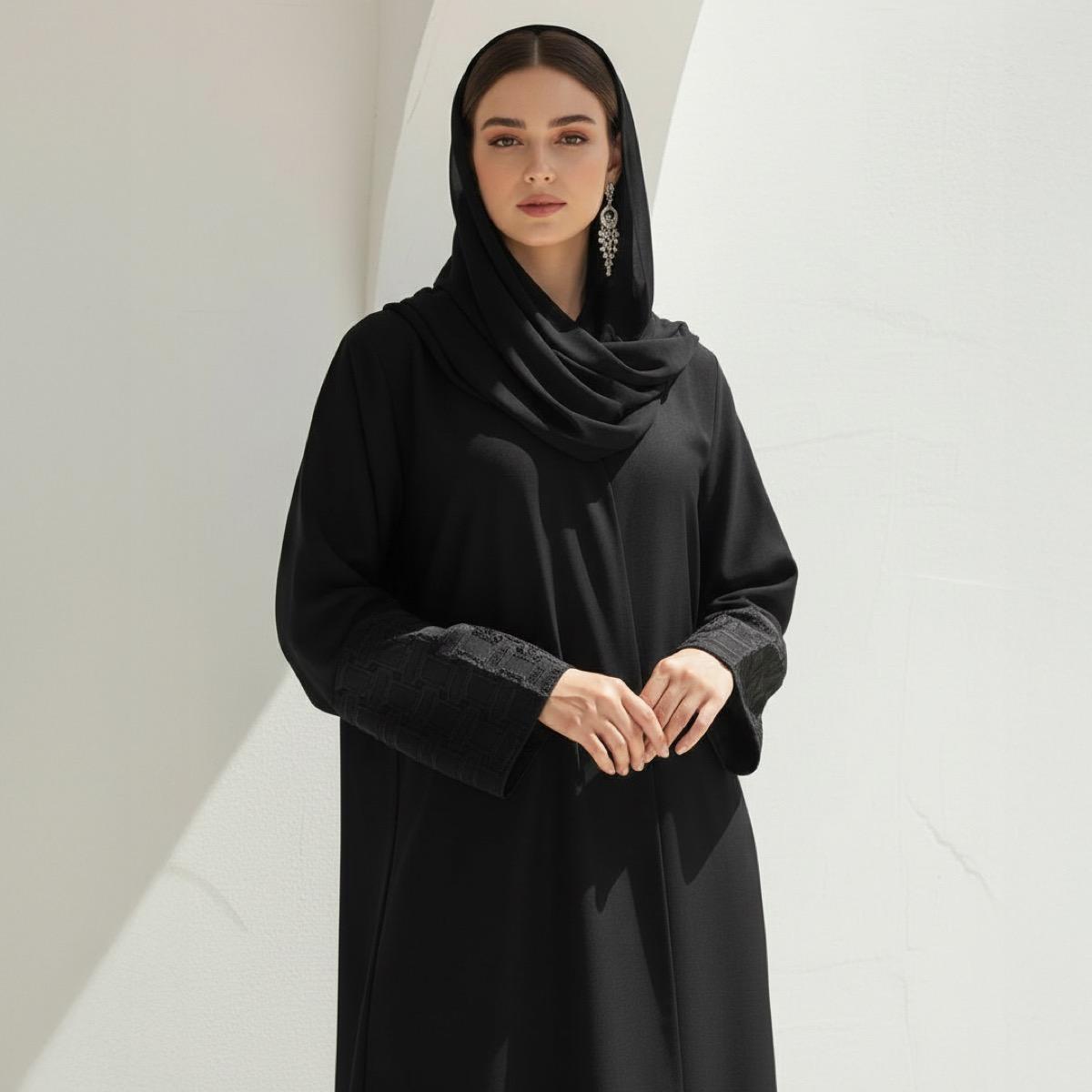 Fashion Line Arabian Grace Embroidered Sleeve Elegance Abaya with Hijab-women-arabicclothing-abayas-image-2
