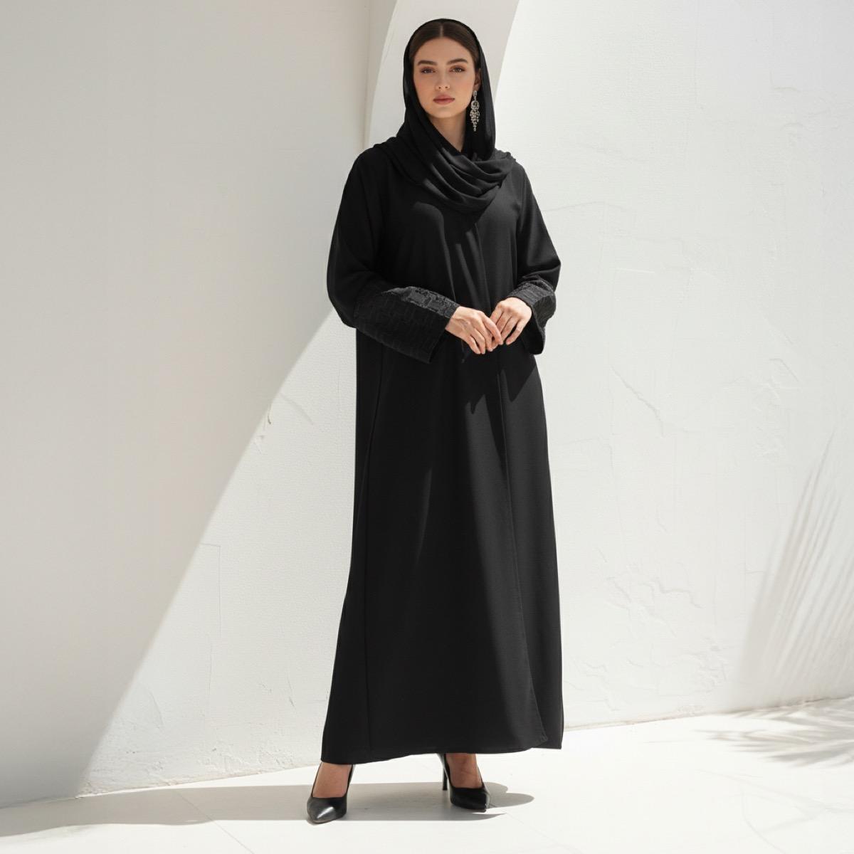 Fashion Line Arabian Grace Embroidered Sleeve Elegance Abaya with Hijab-women-arabicclothing-abayas-image-4