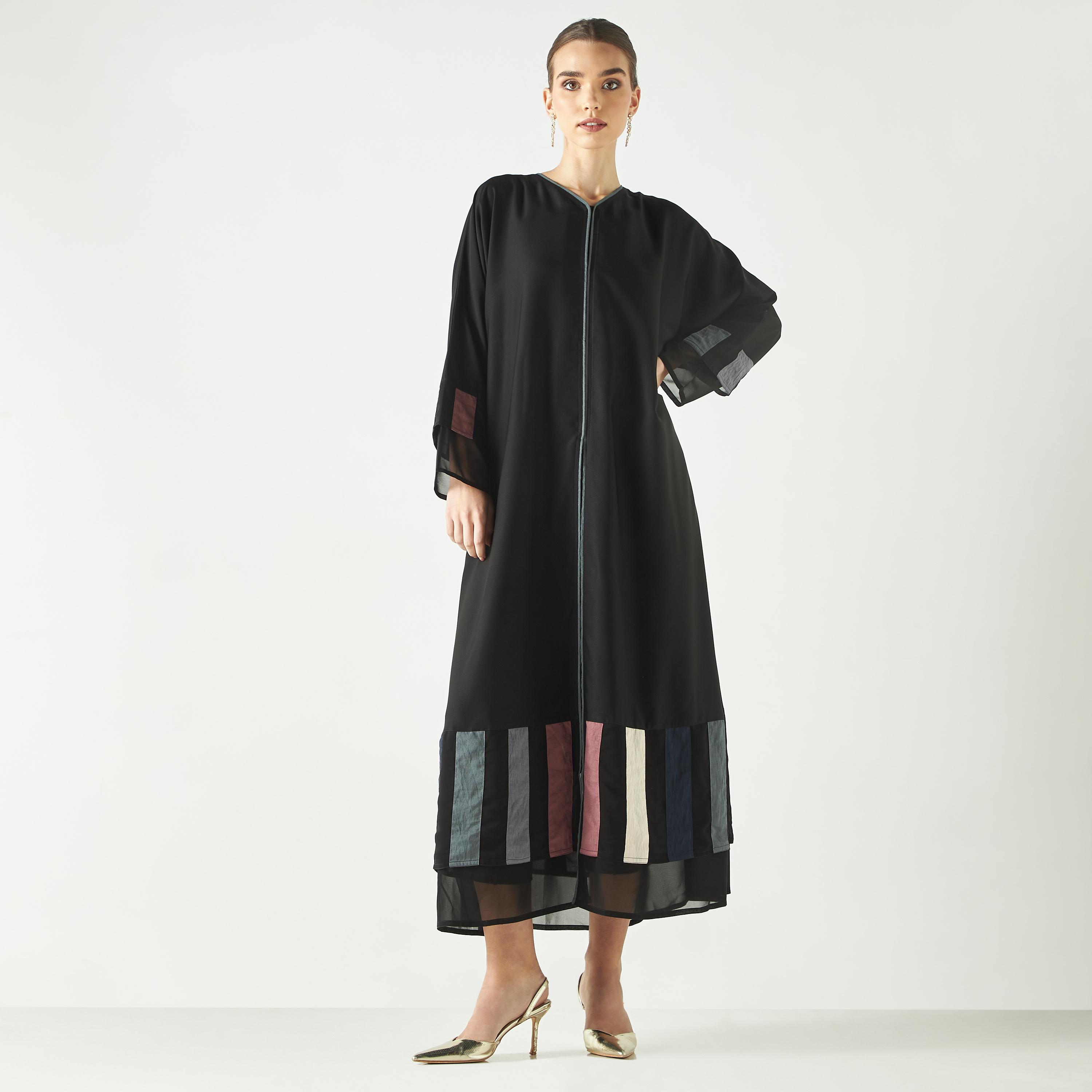 Hadiyath Al Madinah Colourblock Abaya with V-neck-women-arabicclothing-abayas-image-1