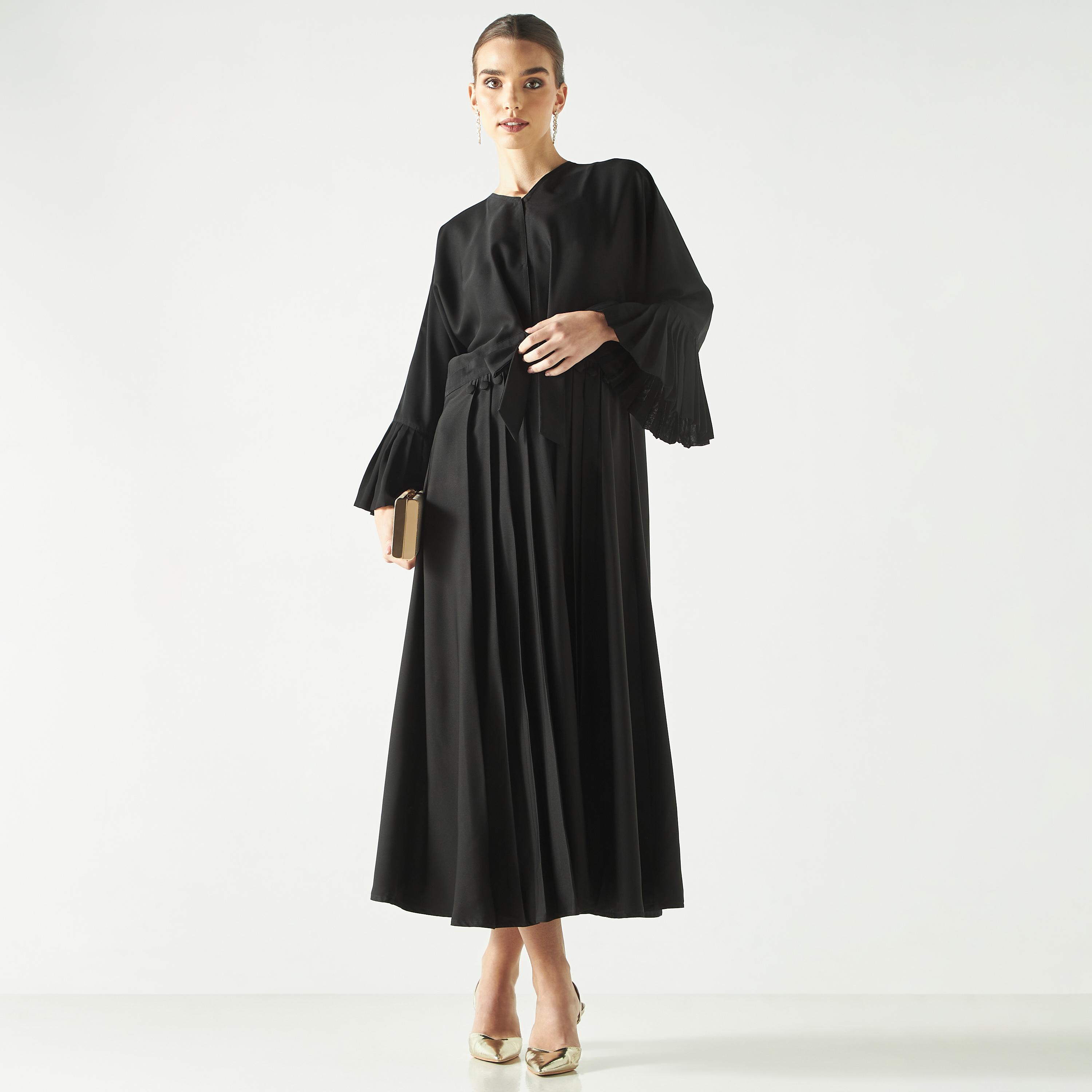 Hadiyath Al Madinah Pleated Abaya with Tie-Up-women-arabicclothing-abayas-image-1