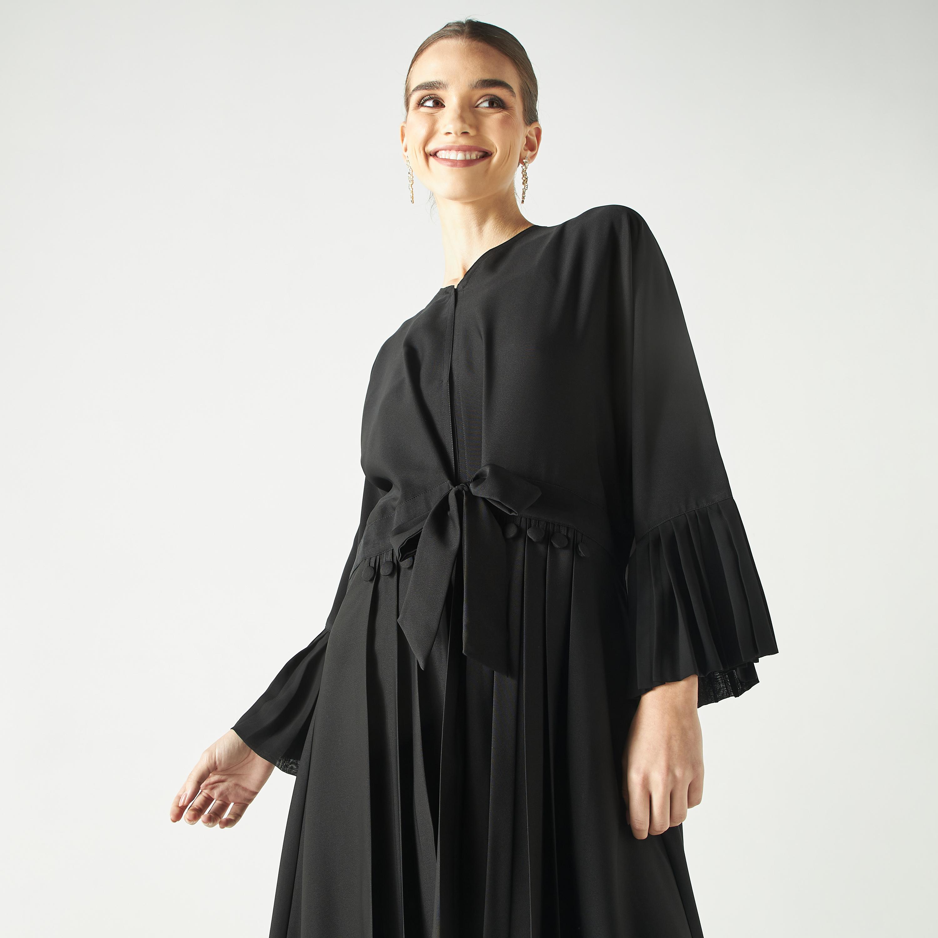 Hadiyath Al Madinah Pleated Abaya with Tie-Up-women-arabicclothing-abayas-image-2