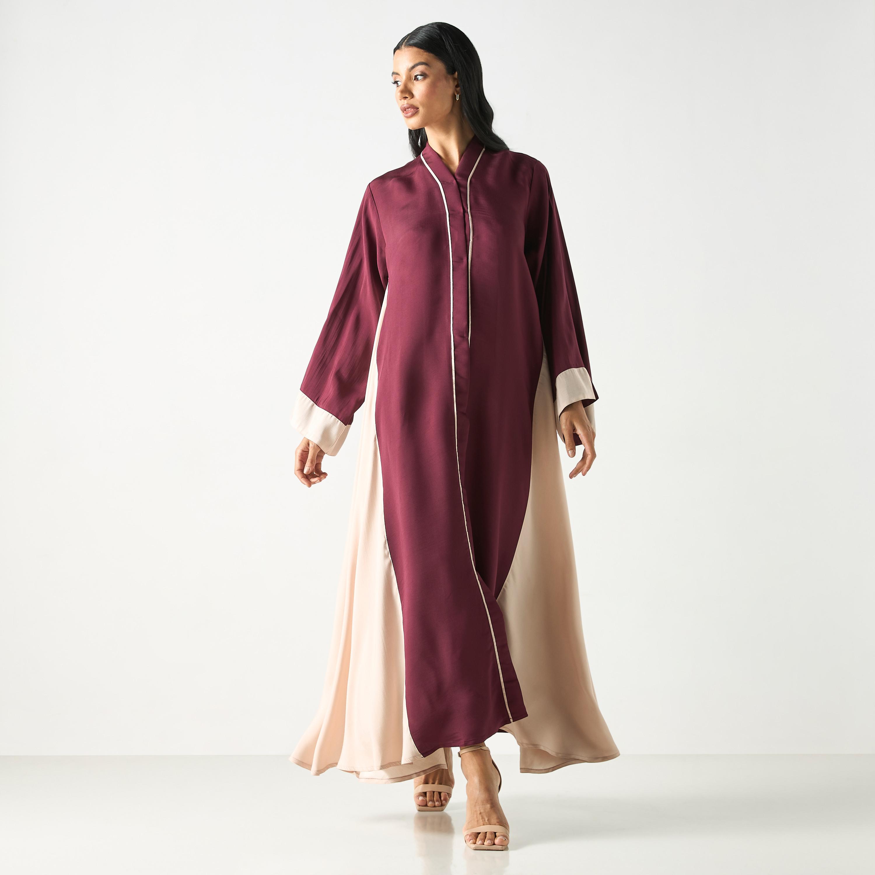 Hadiyath Al Madinah Two-Tone Flared Abaya with Hijab-women-arabicclothing-abayas-image-1
