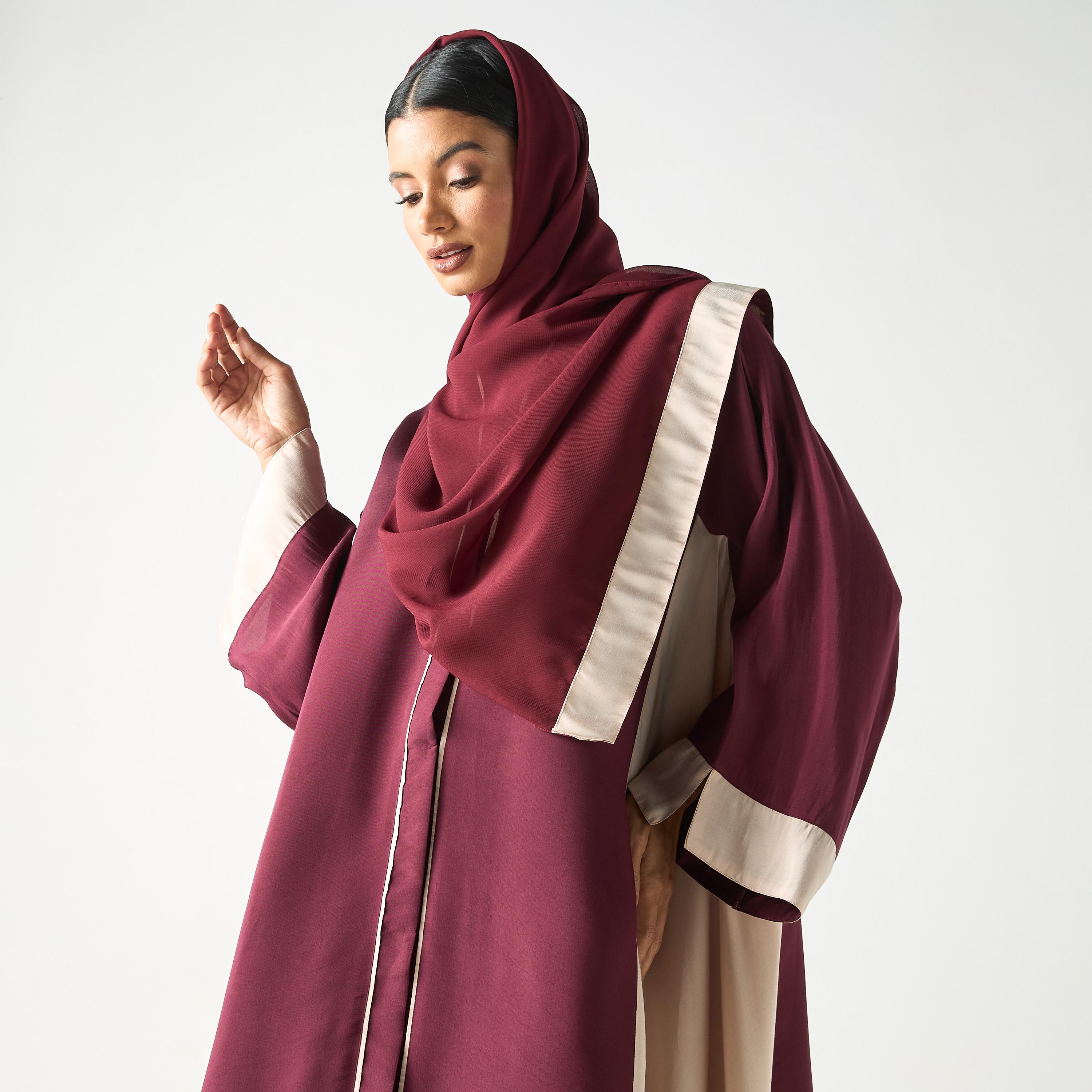 Hadiyath Al Madinah Two-Tone Flared Abaya with Hijab-women-arabicclothing-abayas-image-2