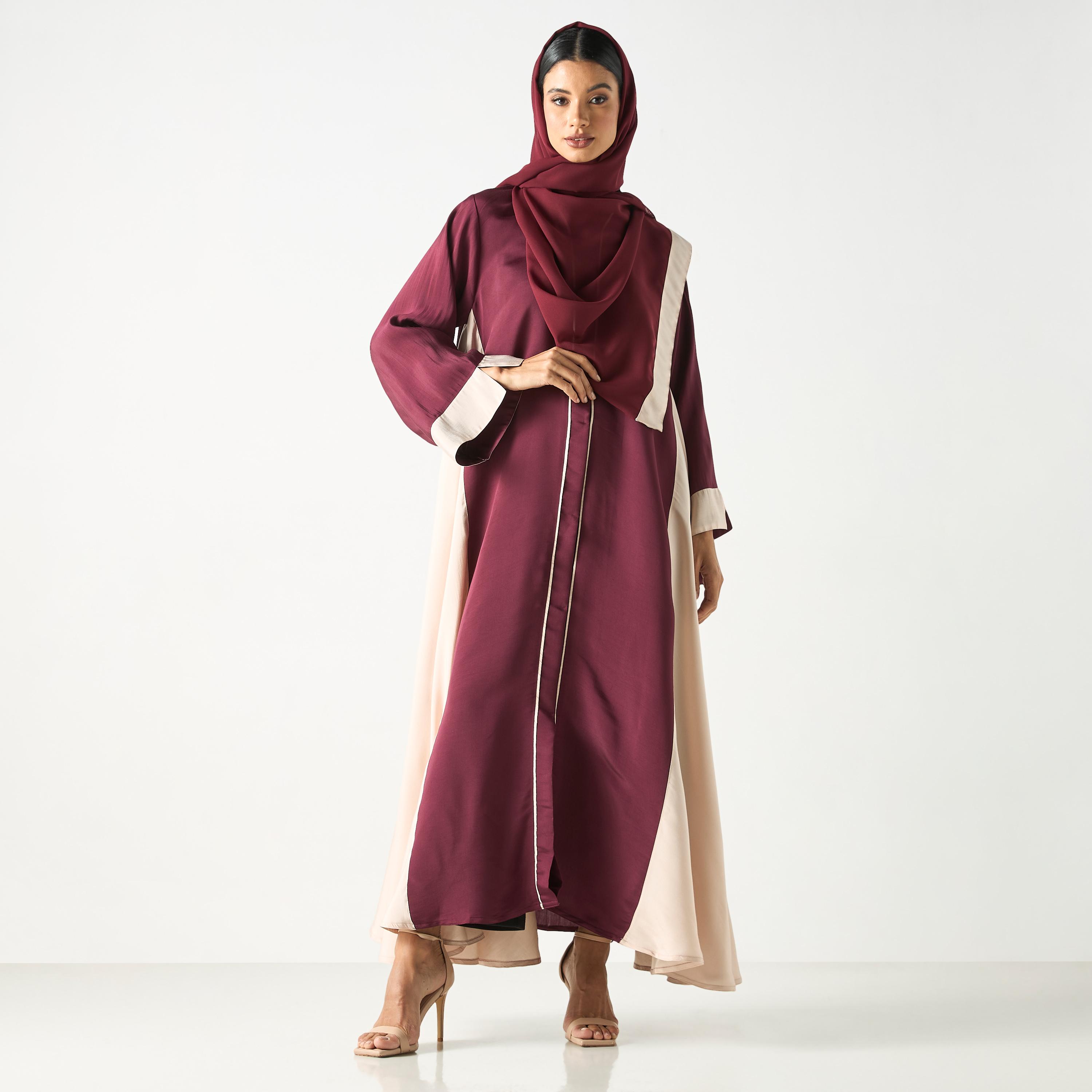 Hadiyath Al Madinah Two-Tone Flared Abaya with Hijab-women-arabicclothing-abayas-image-4