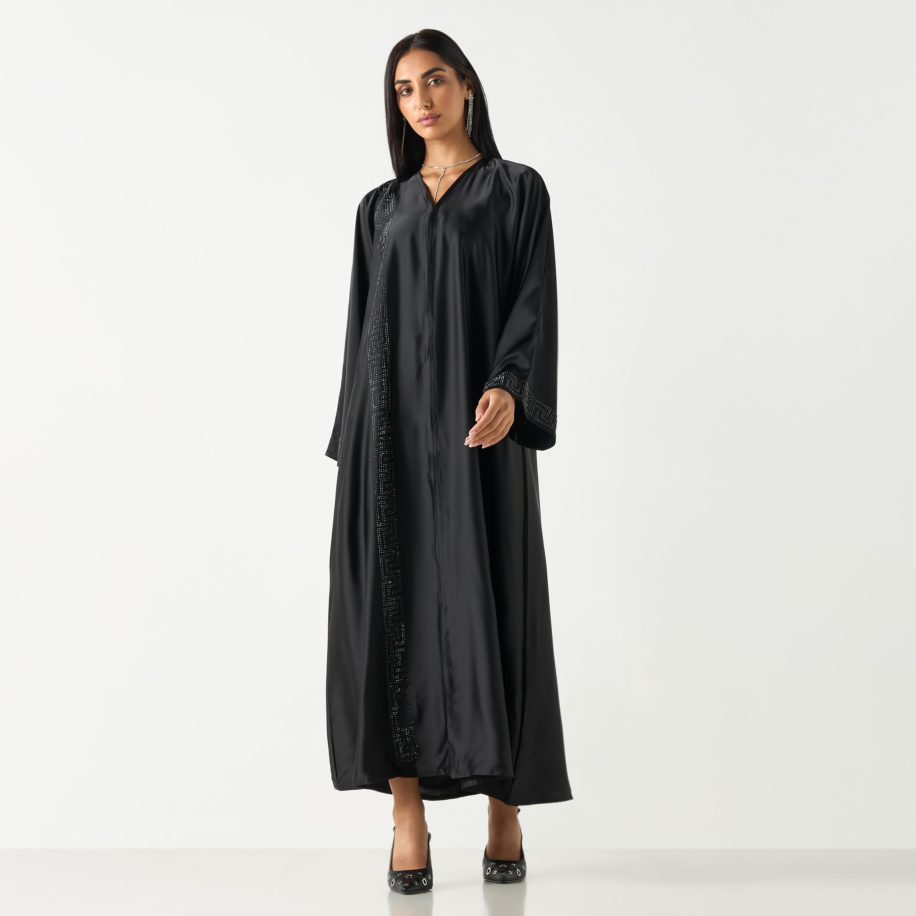 Hadiyath Al Madinah Embellished V-neck Abaya with Hijab-women-arabicclothing-abayas-image-1